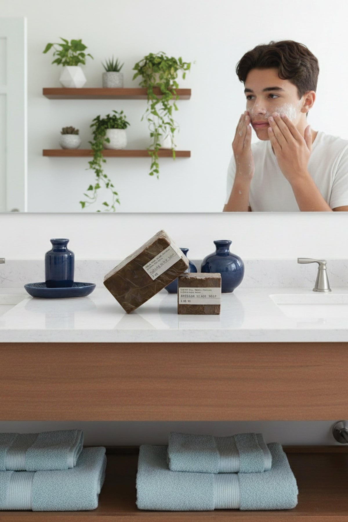 Man washing face in a bathroom with plants and towels.