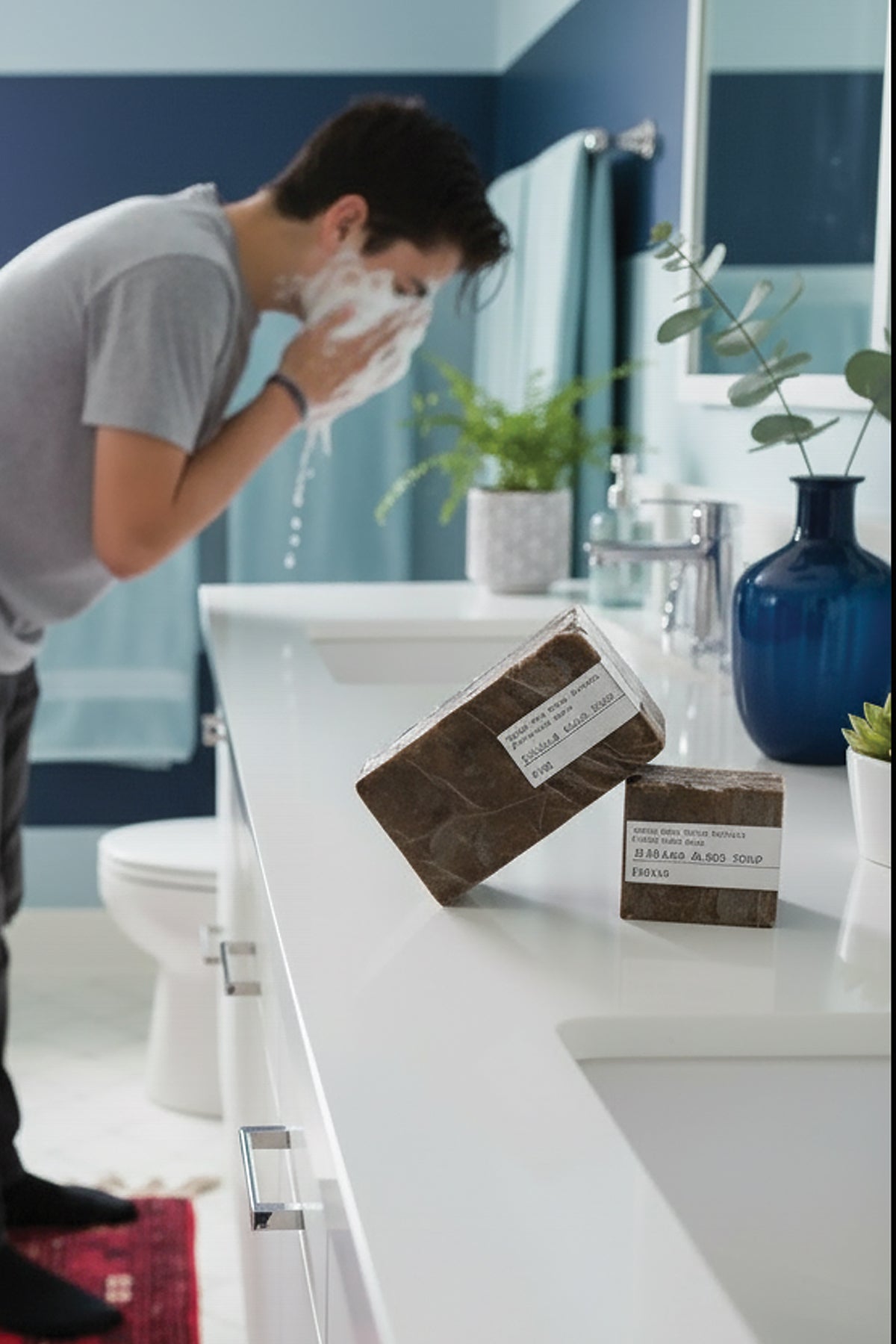 Person washing face with a bar of African soap in a bathroom setting