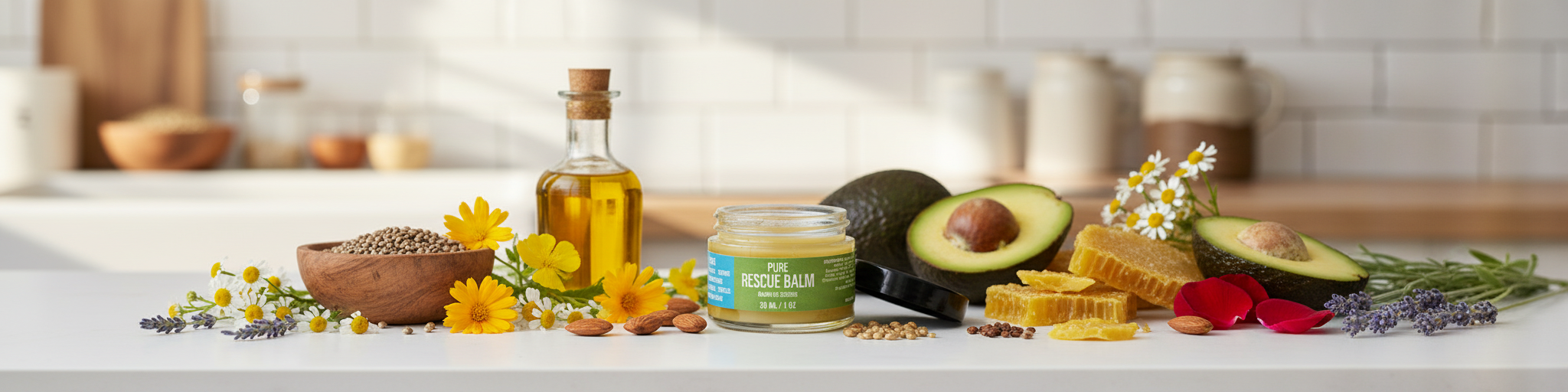 Jar of rescue balm with a black lid on a white background with ingredients