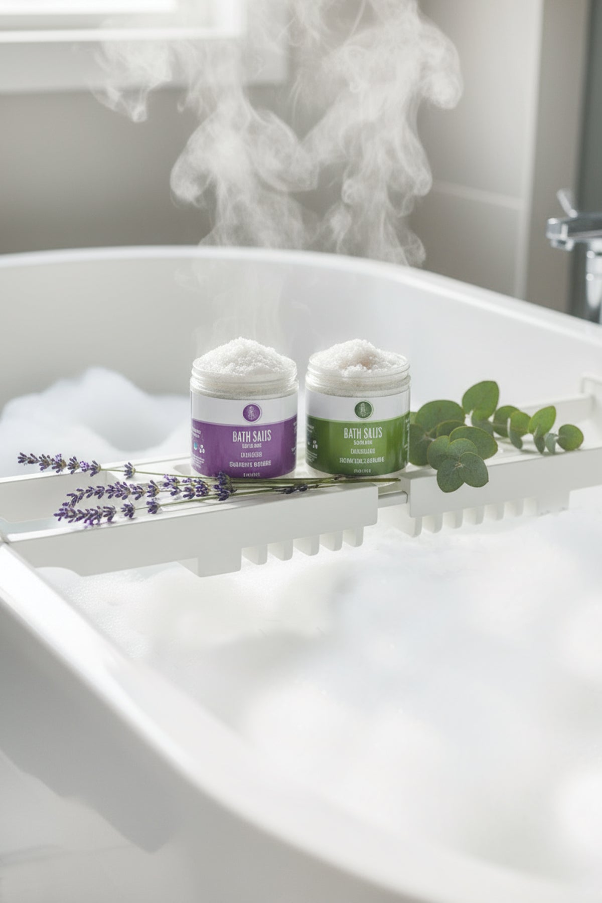 Two bath salts containers on a bathtub rim with steam and lavender flowers.