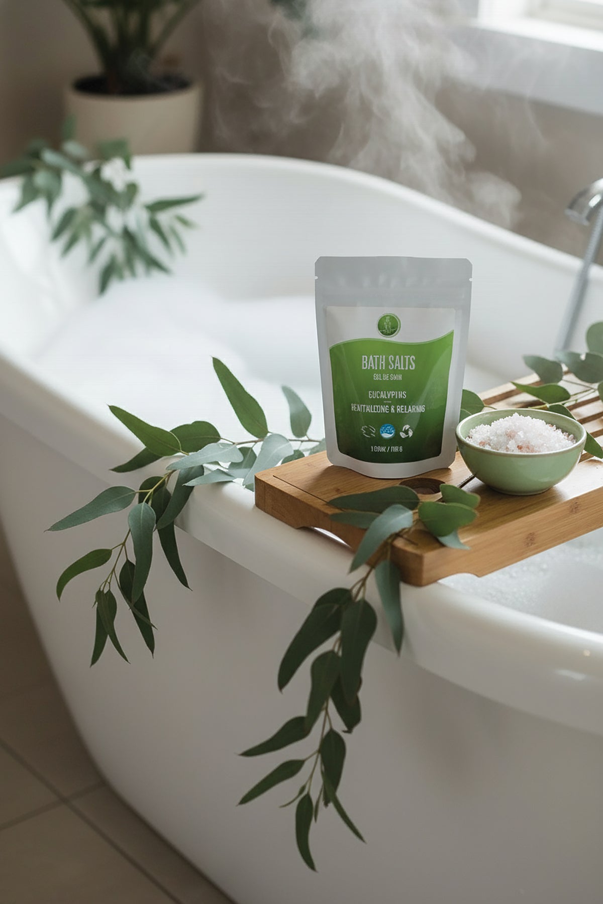Bath salts packaging on a wooden tray with steam and greenery in a bathtub setting