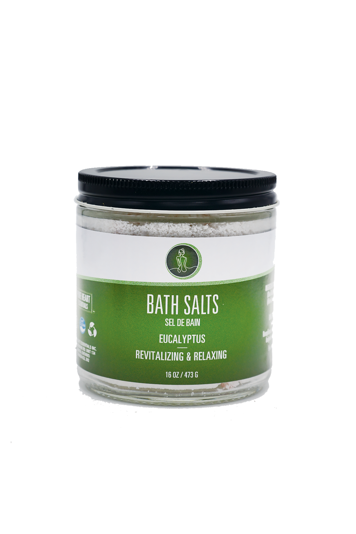 Jar of bath salts with a green label on a white background