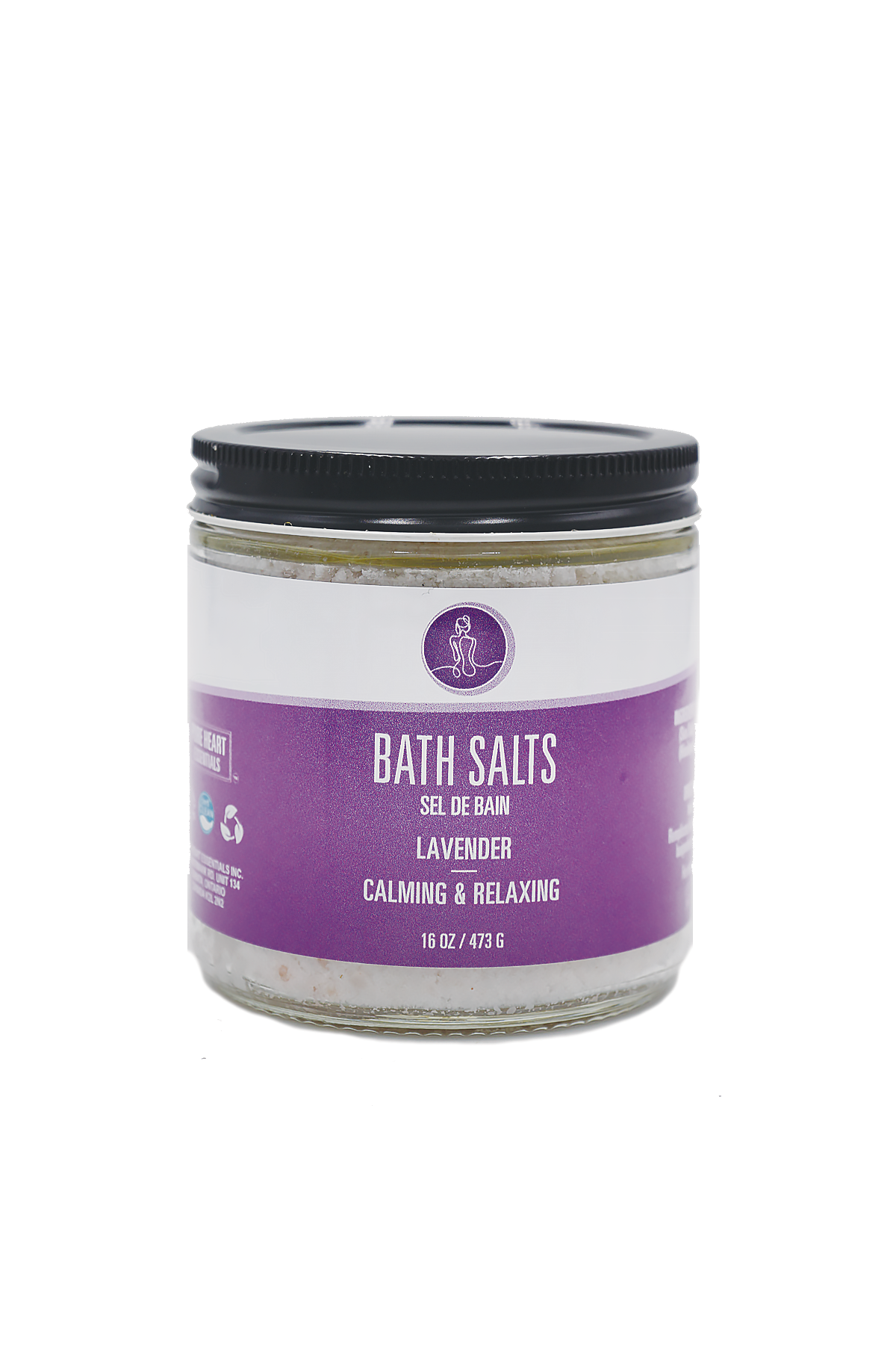 Jar of bath salts with a purple label on a white background