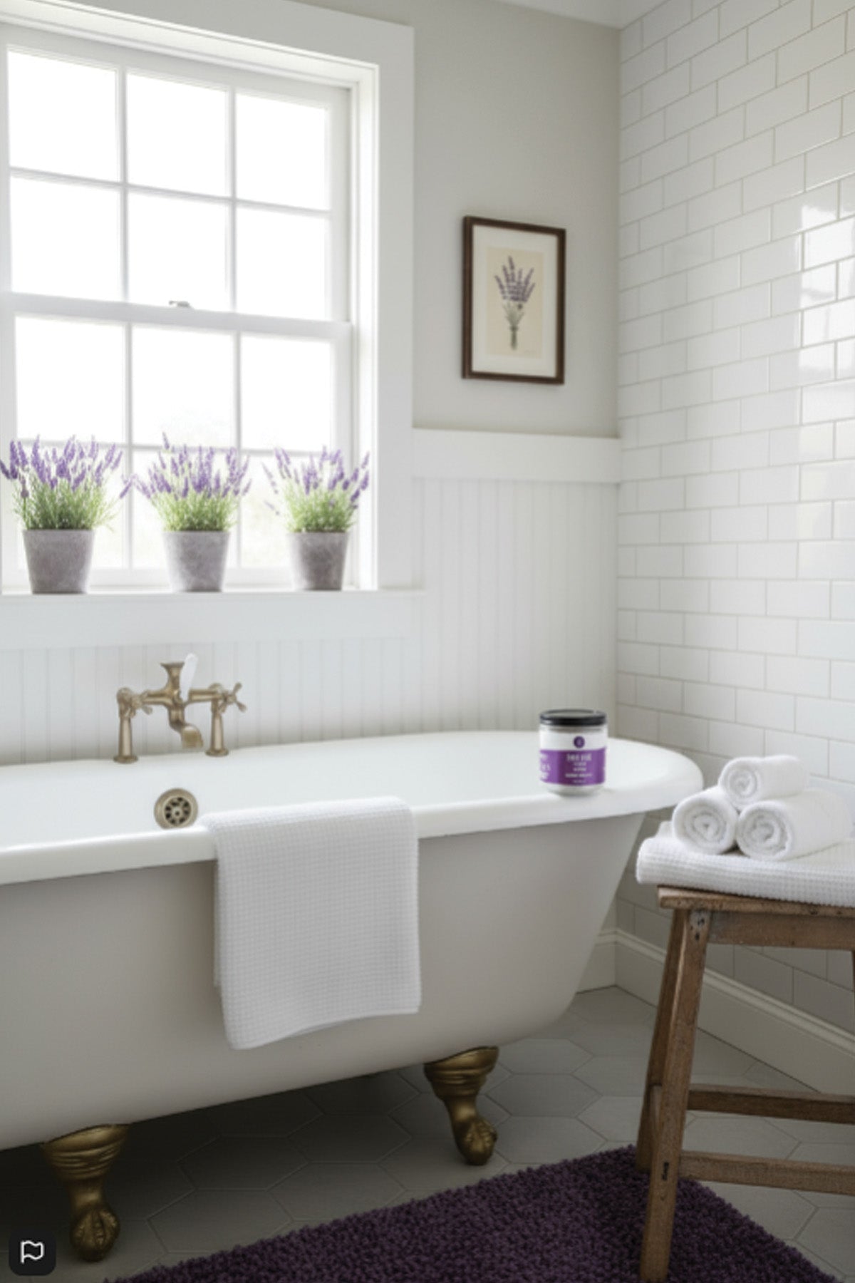 Bathroom with bath salts on a white bathtub, gold faucet, and purple accents.