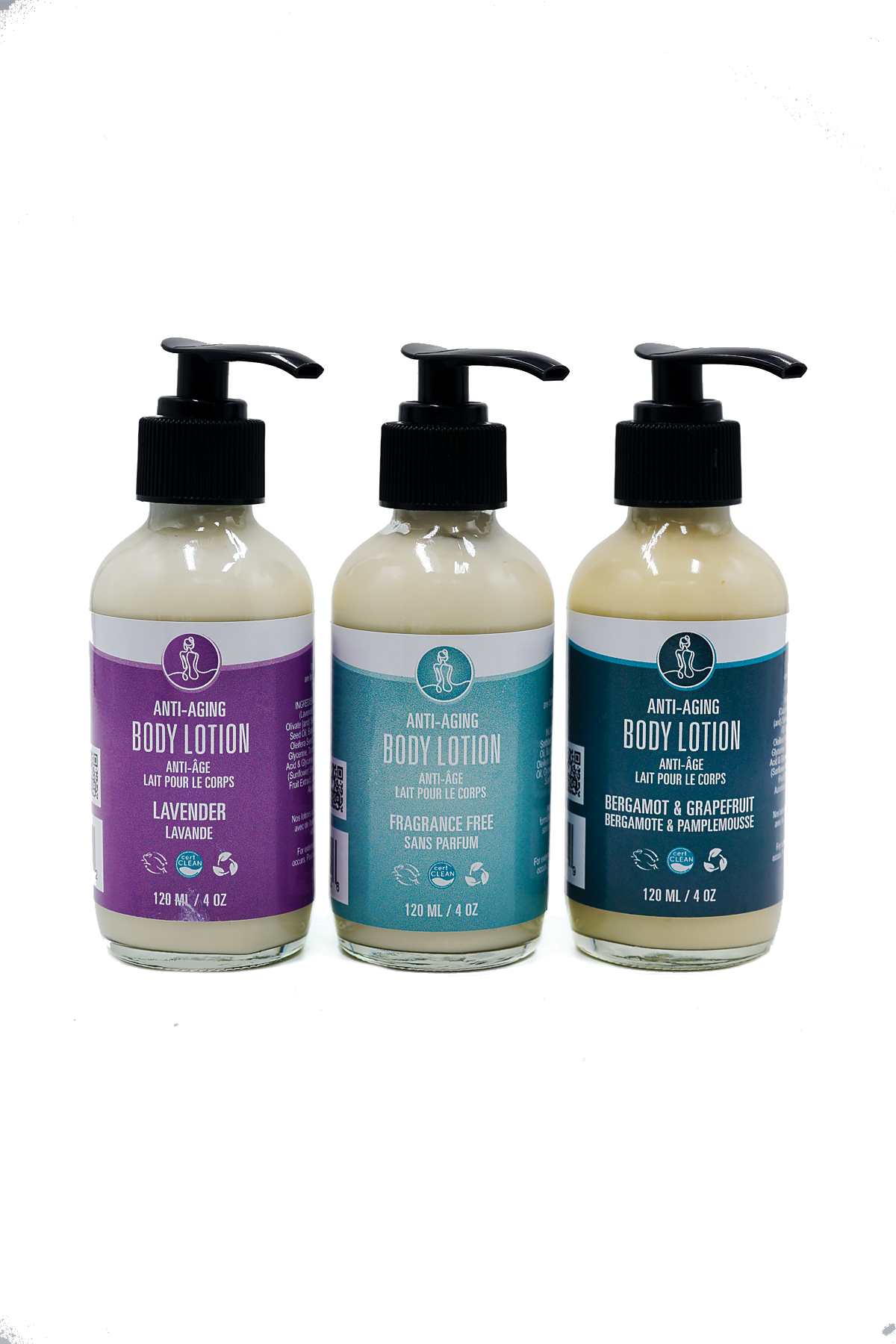 Three bottles of body lotion with pump dispensers on a white background