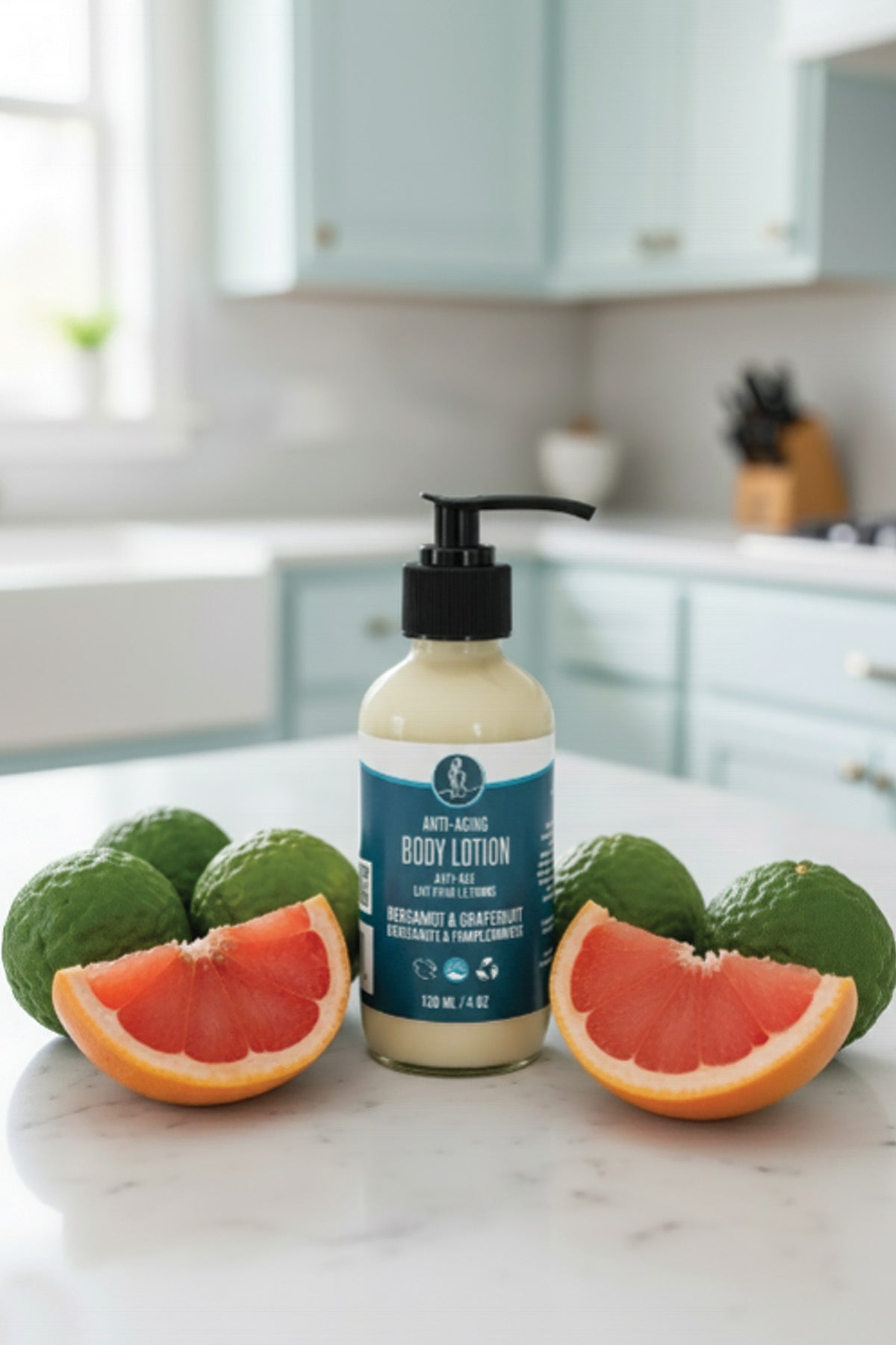 Body lotion bottle with green avocados and pink grapefruit on a kitchen counter