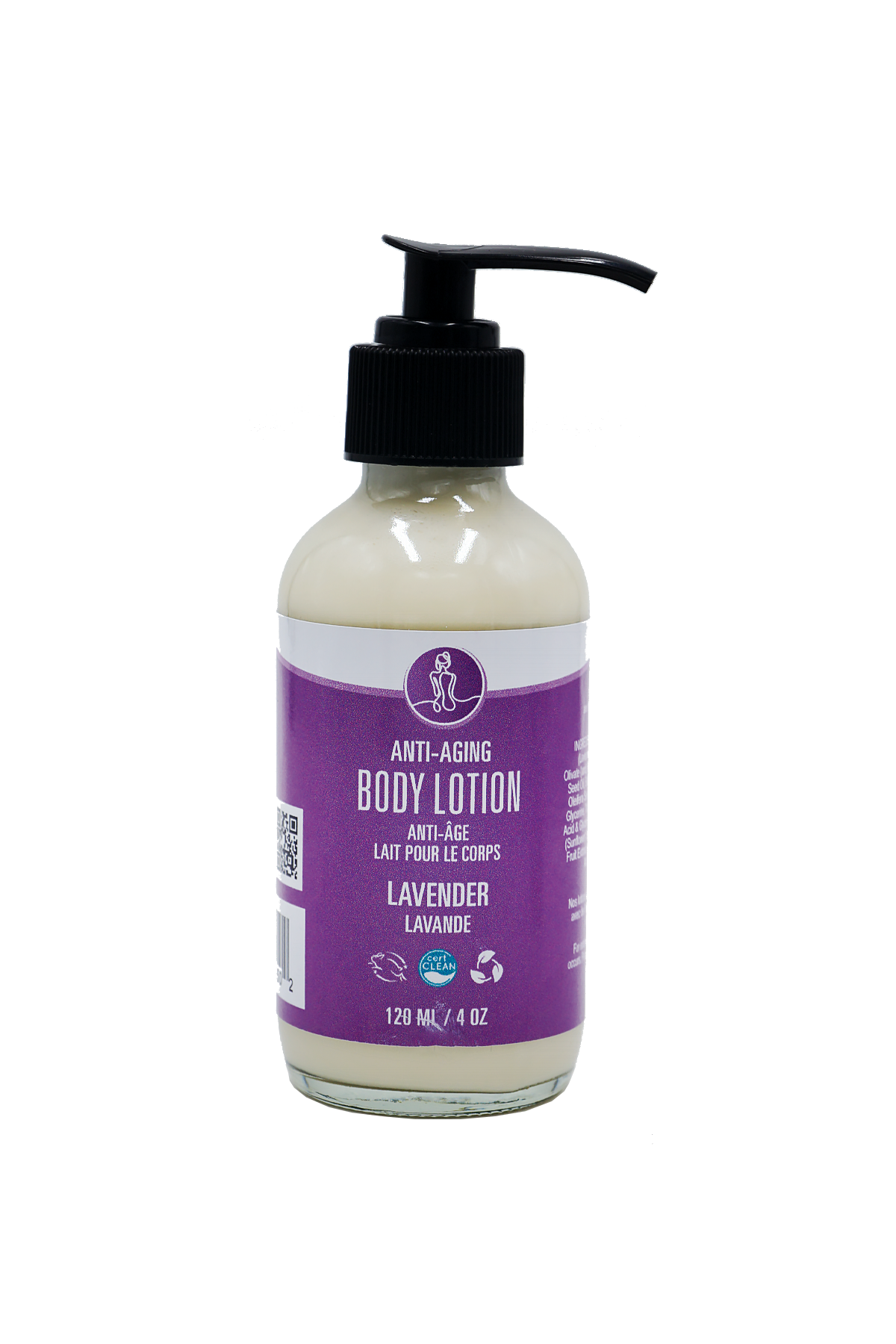Body lotion bottle with purple label on a white background