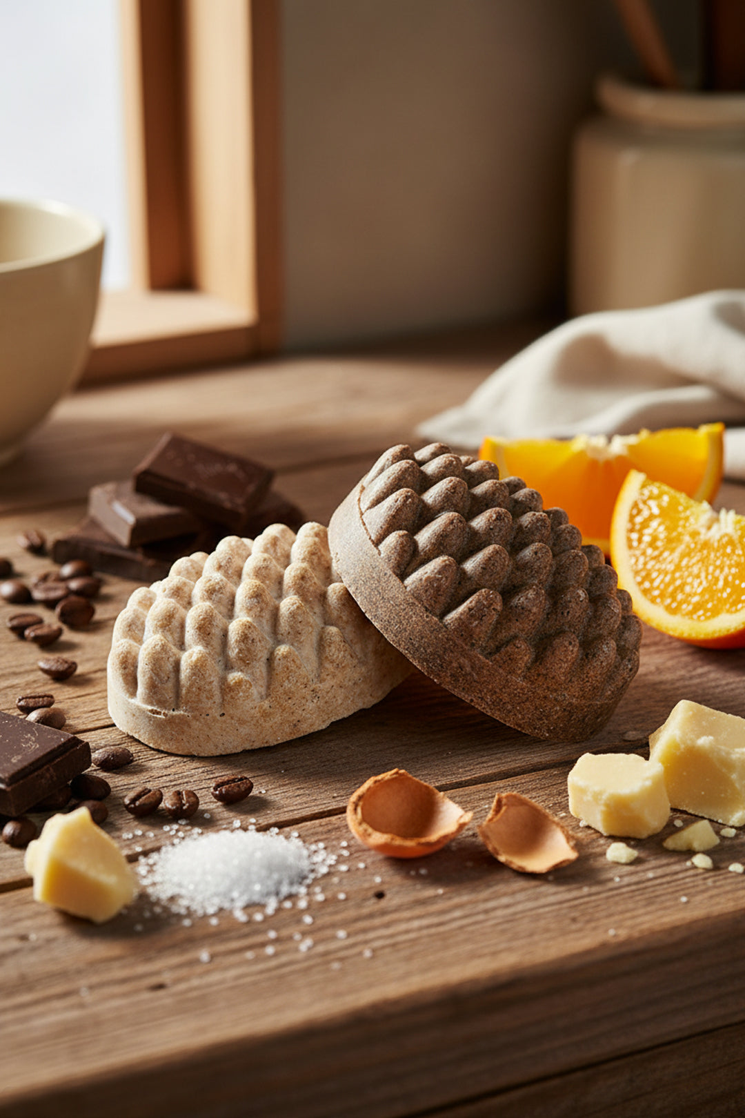 Two BUFF BARS on a wooden surface with chocolate, orange, and coffee beans.