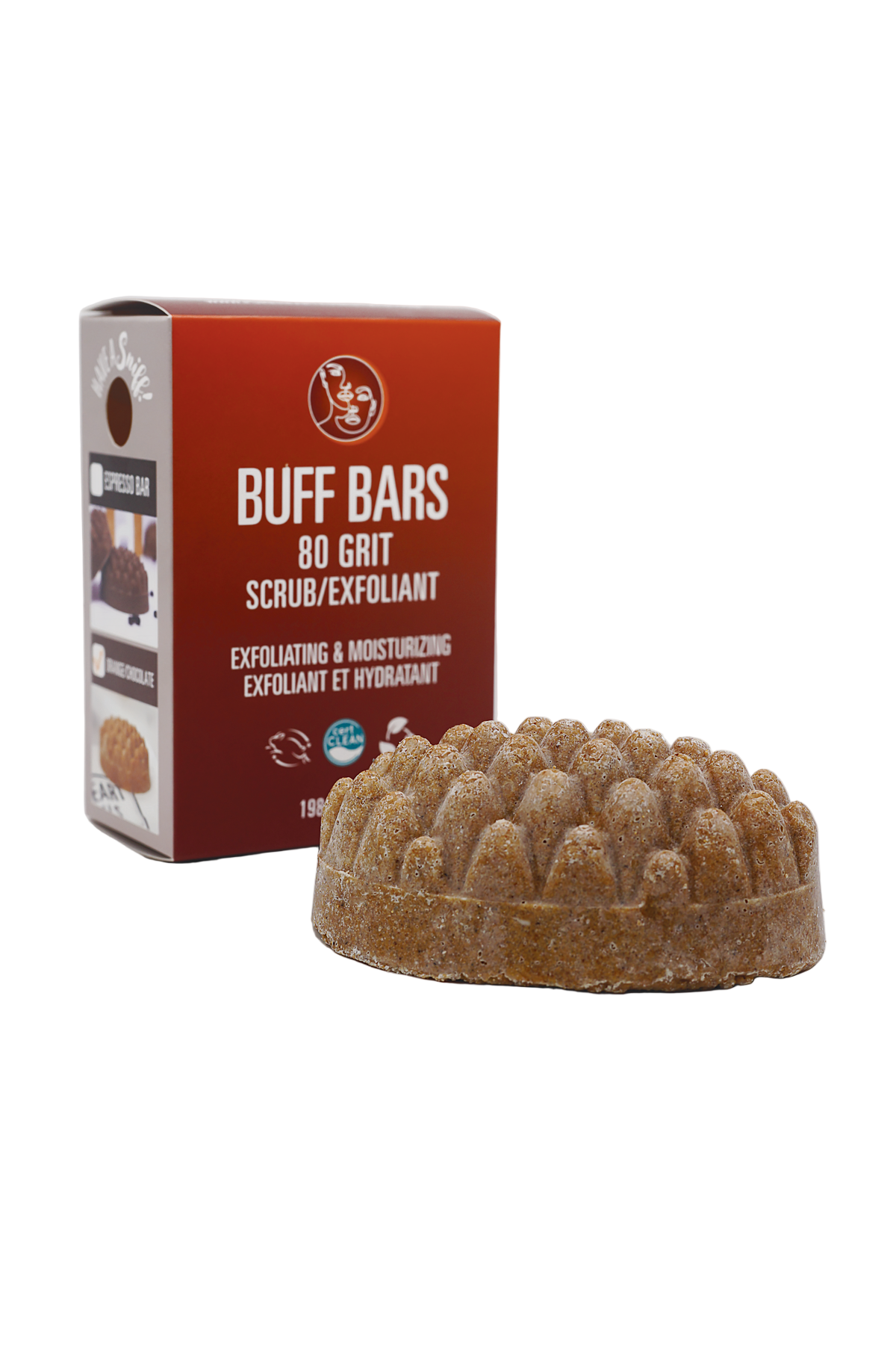 Buff Bars scrub/exfoliant with packaging on a white background