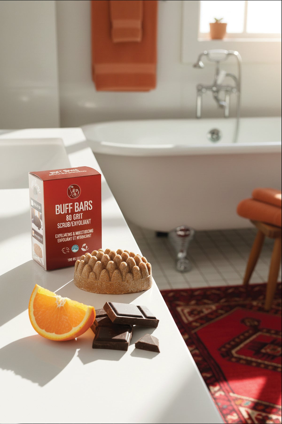Buff Bars soap on a bath tray with a bathtub and towel in the background