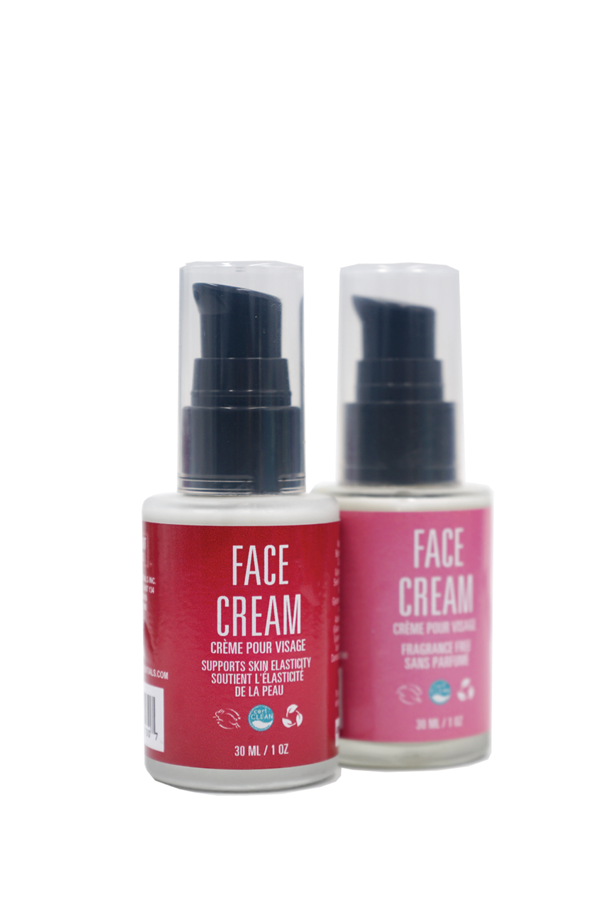 Two bottles of face cream with red labels on a white background Pure Heart Essentials