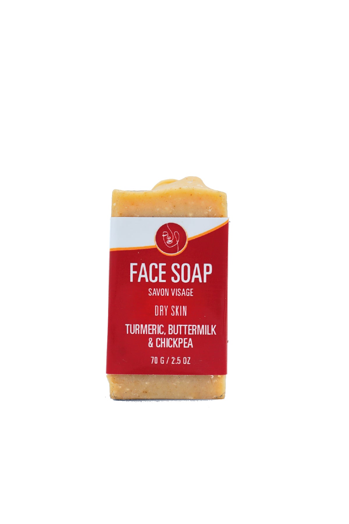 Face soap bar with a red label on a white background