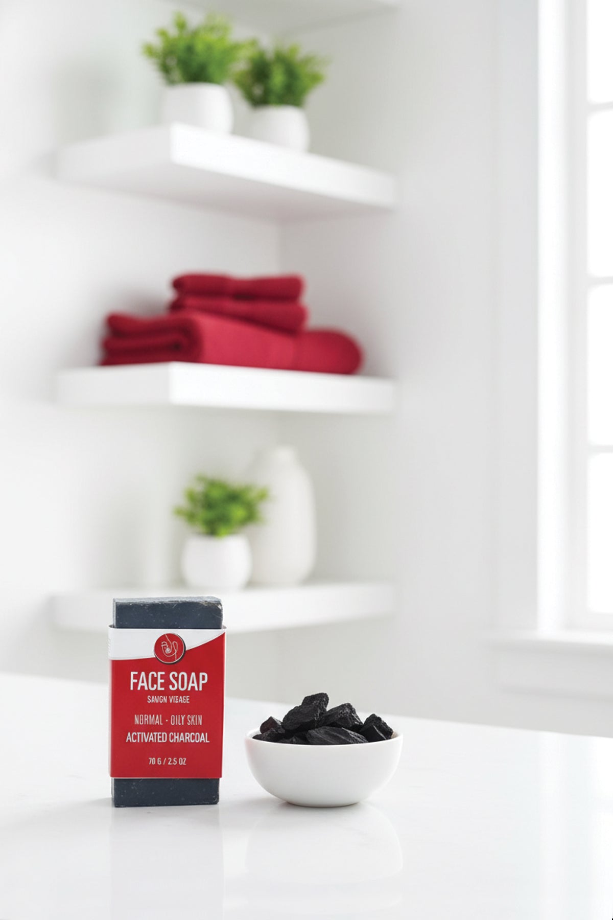Face soap bar with a red label on a white surface, with a shelf in the background.