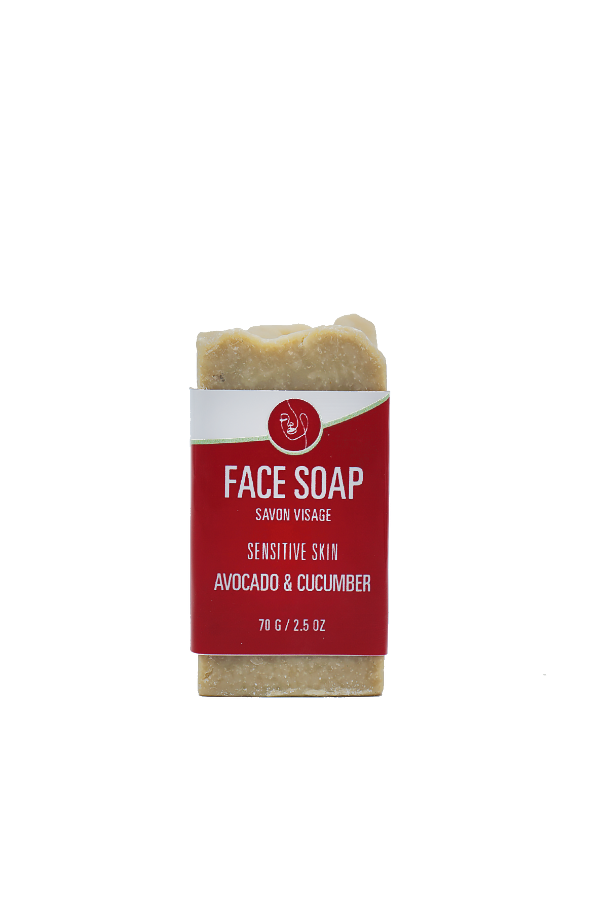 Face soap bar with a red label on a white background