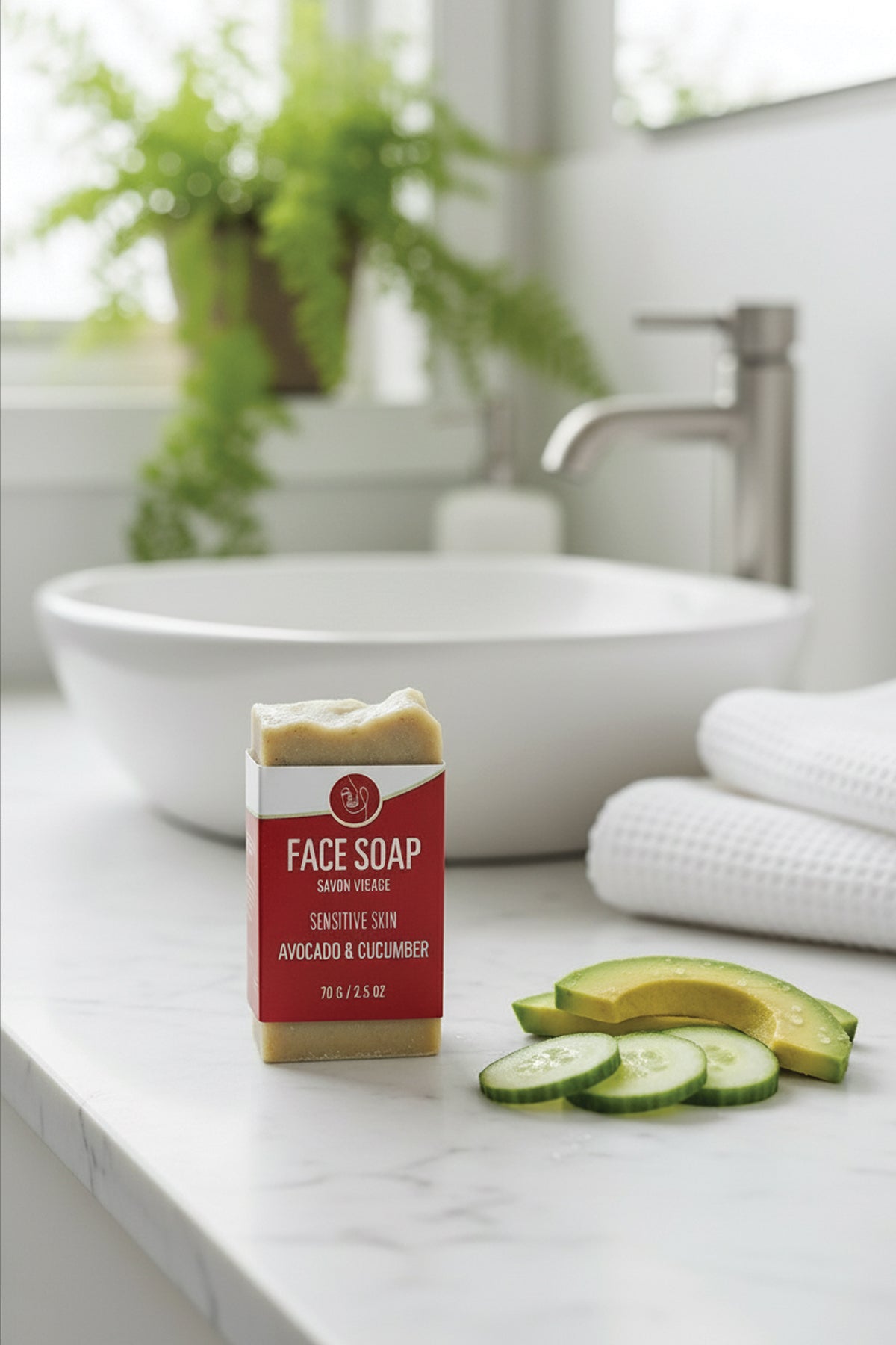 Face soap bar with avocado and cucumber on a bathroom counter
