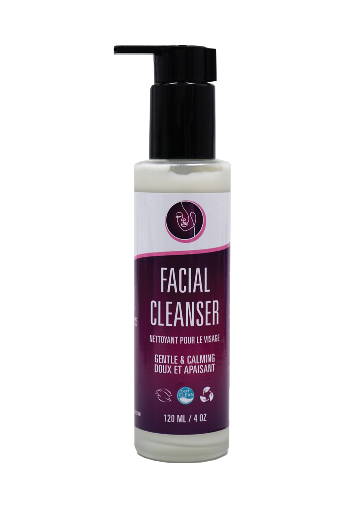 Facial cleanser bottle with a pump on a white background