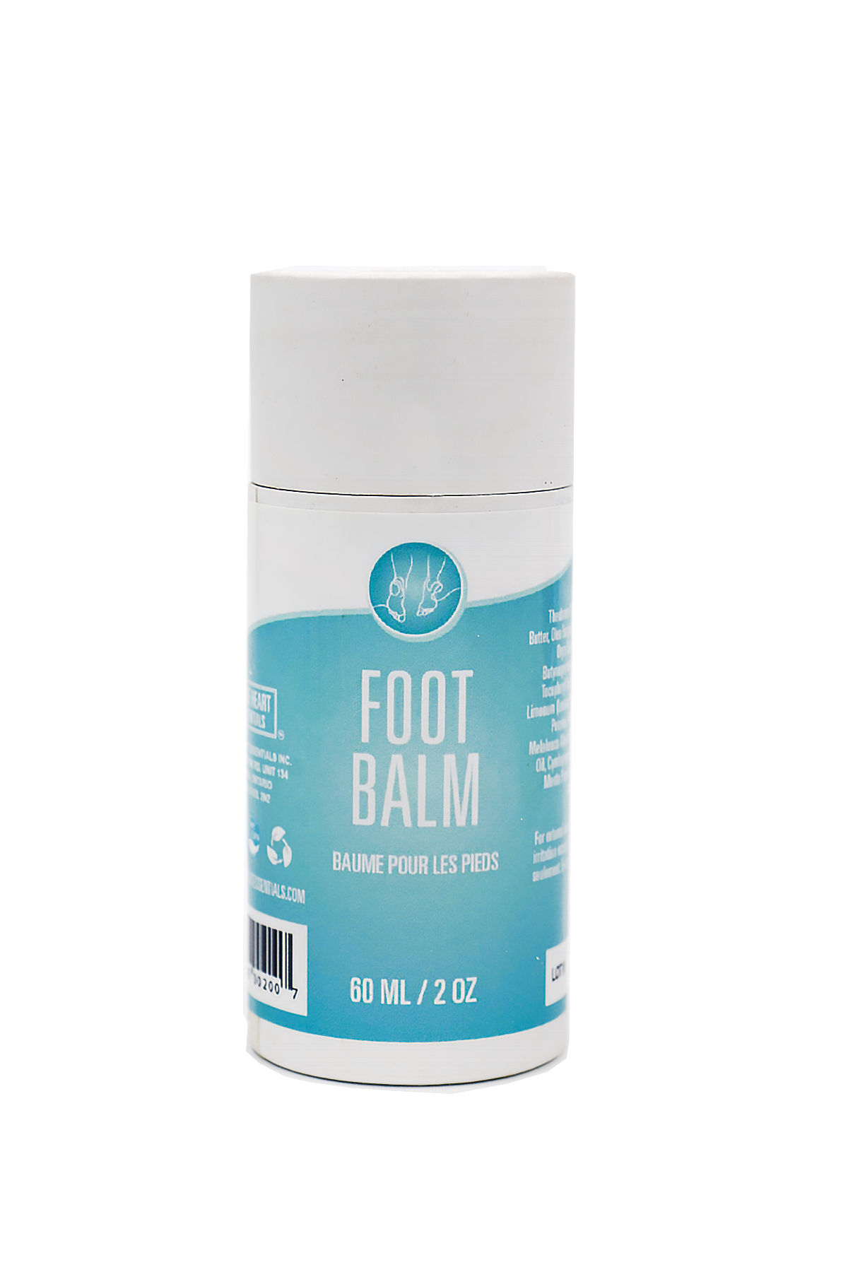 Foot balm container with blue and white label on a white background