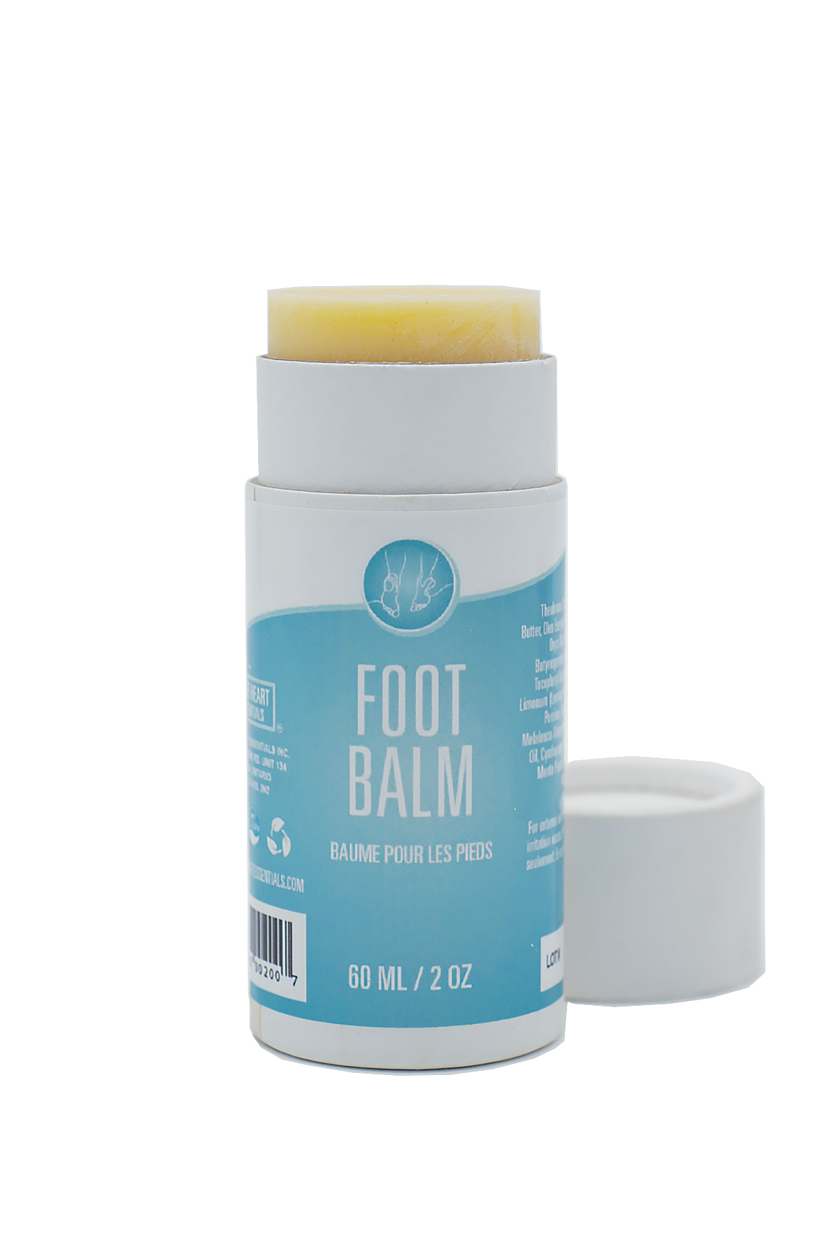 Foot balm stick with blue label on a white background