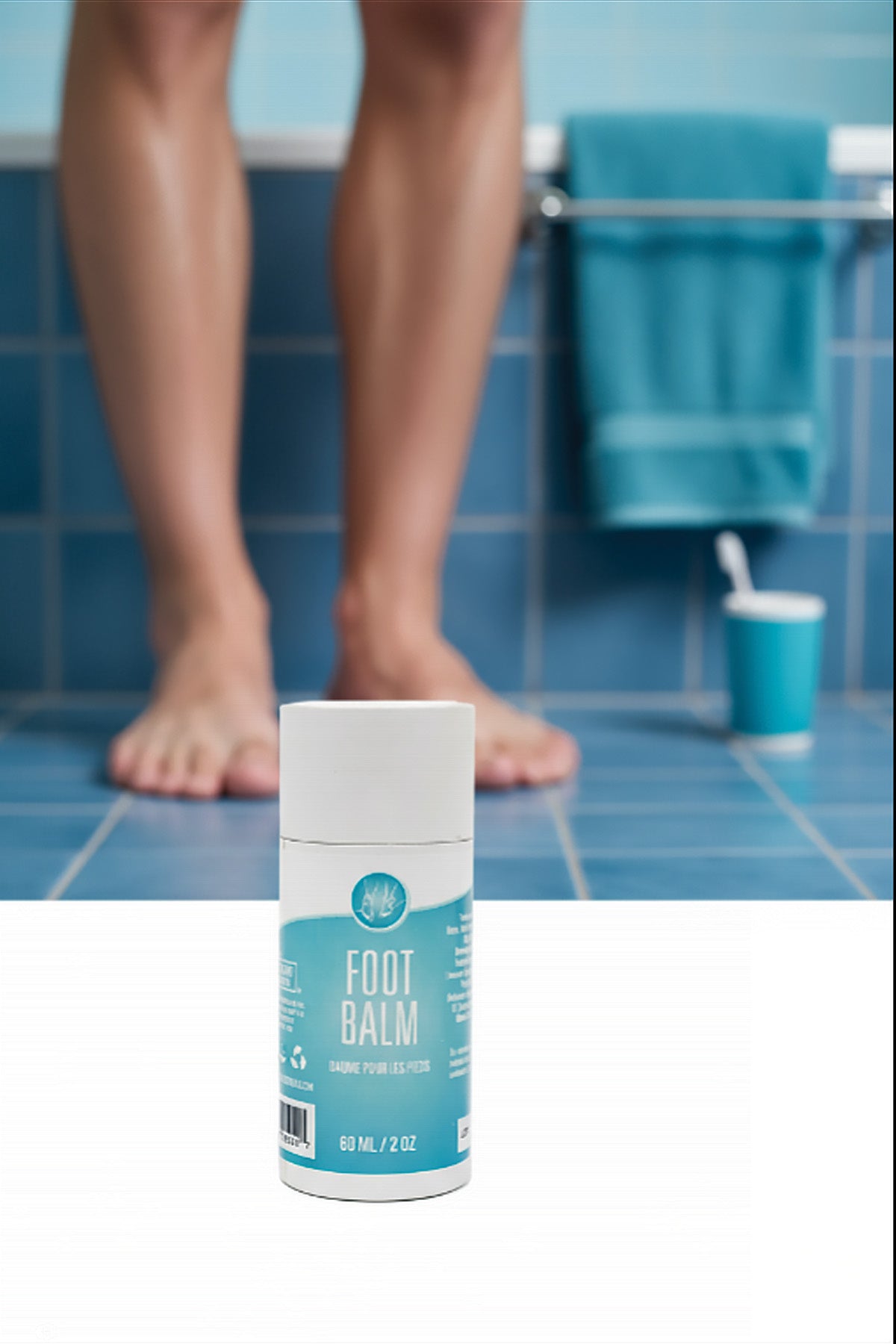 Foot balm container on a white background with blurred legs and bathroom in the background