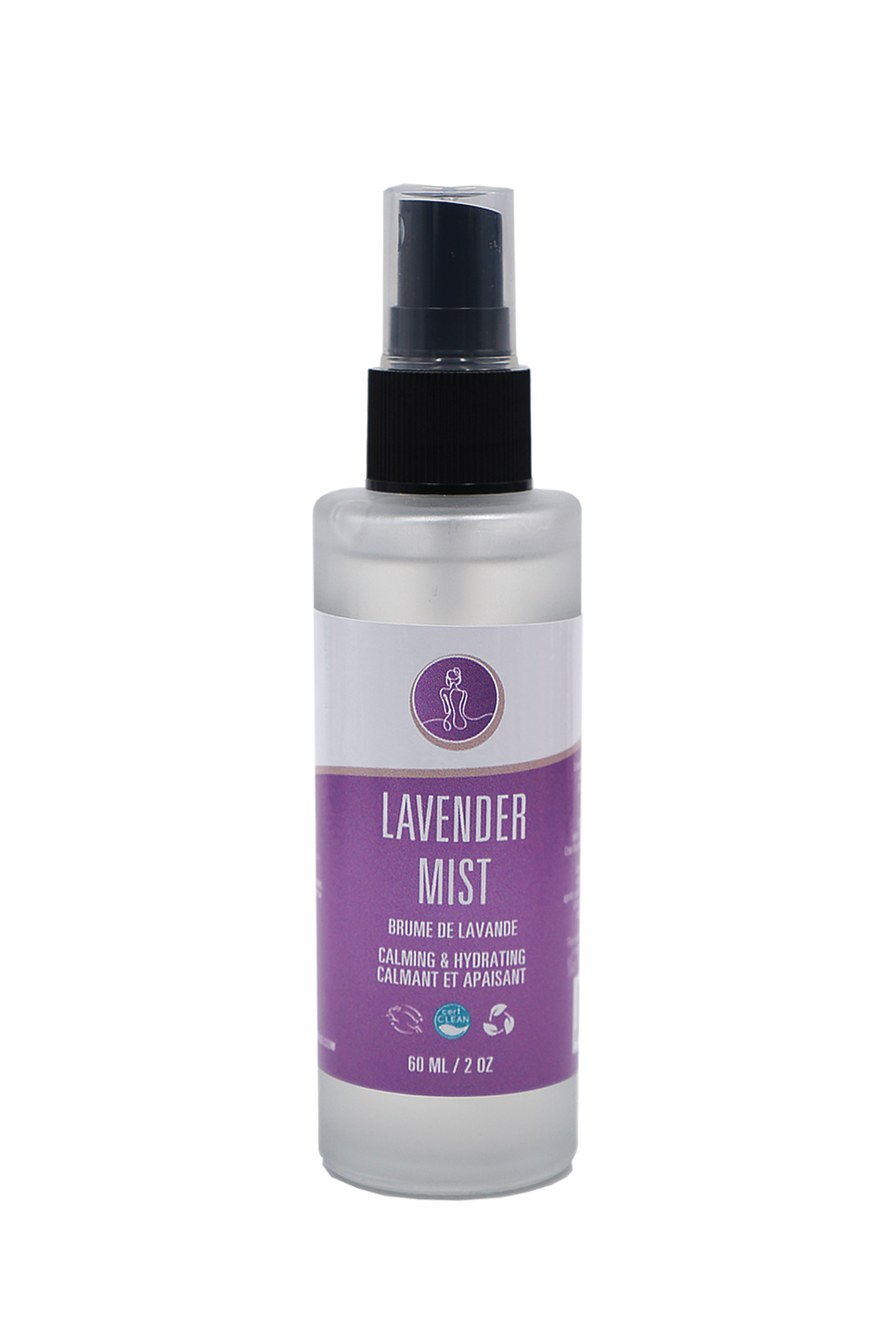Lavender mist spray bottle with purple label on a white background