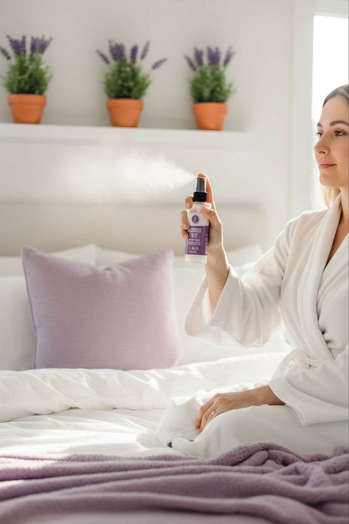 Woman in a bathrobe holding a bottle of lavender MIST product in a bedroom with lavender plants on a shelf.