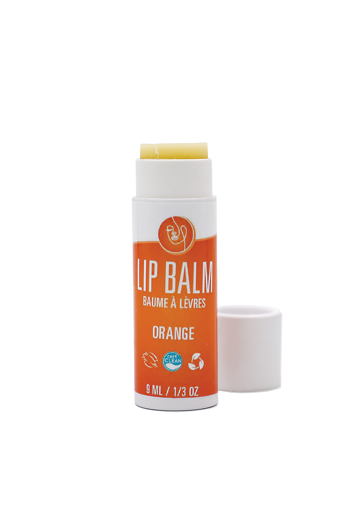 Lip balm stick with orange packaging on a white background