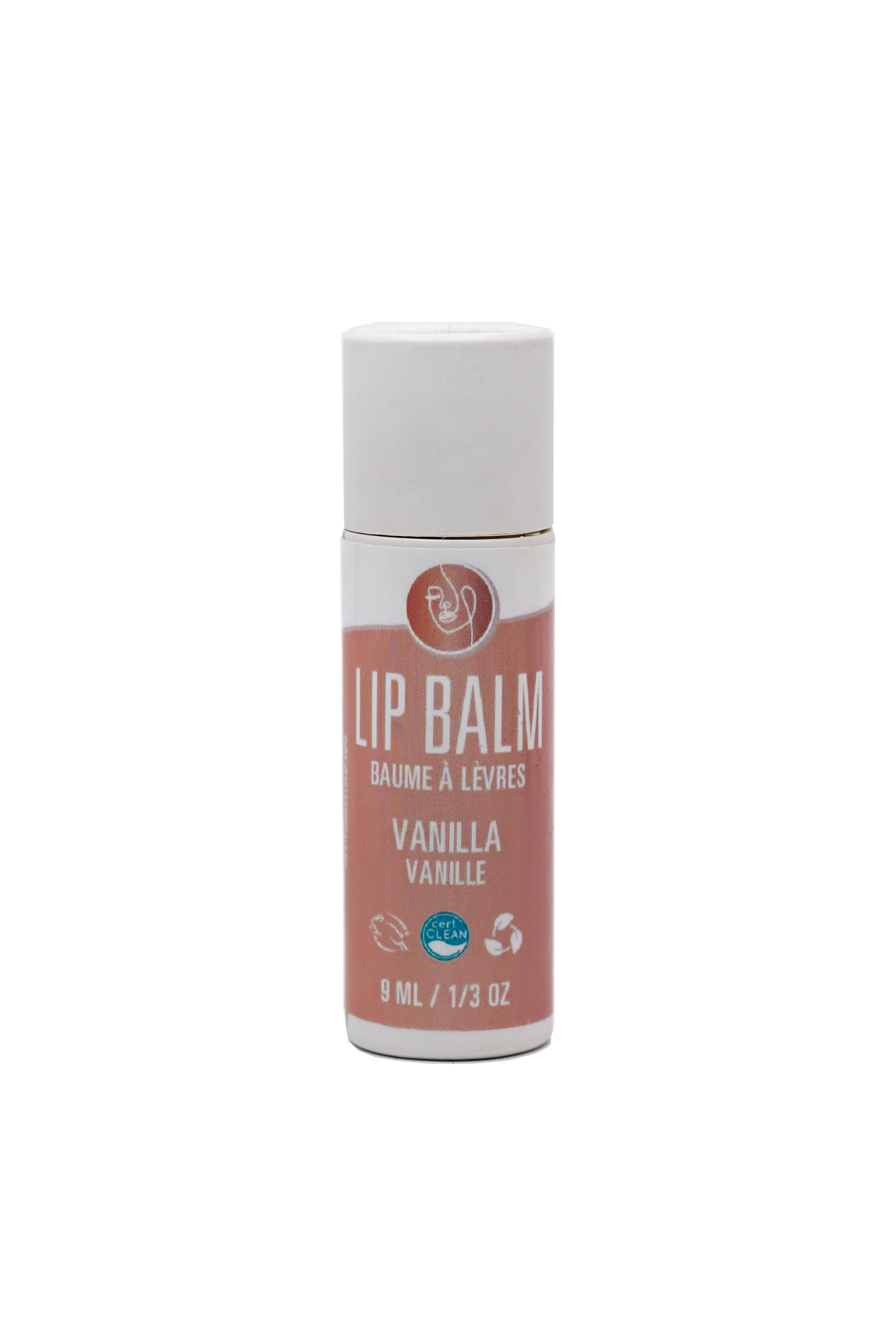 Lip balm tube with 'Vanilla' flavor on a white background