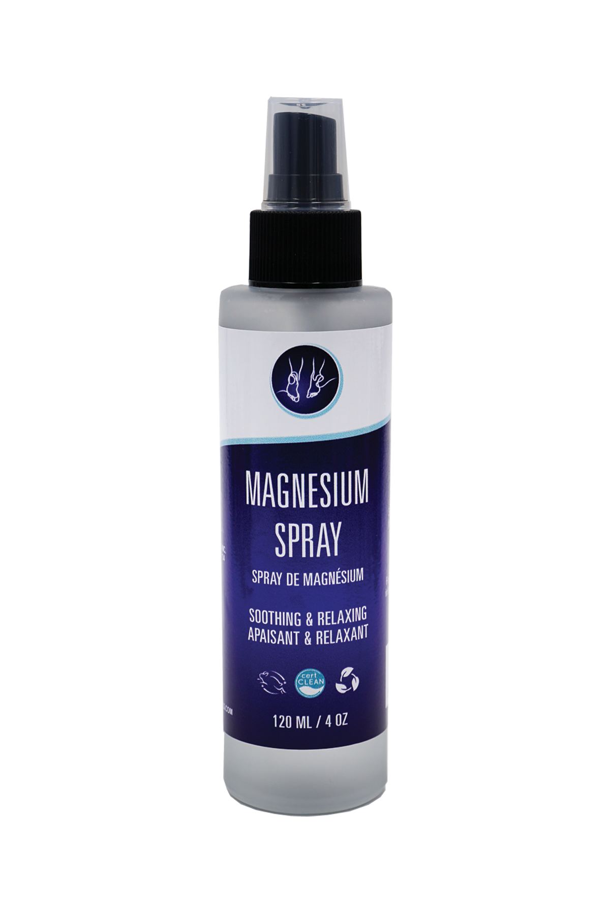 Bottle of magnesium spray with a white label on a white background
