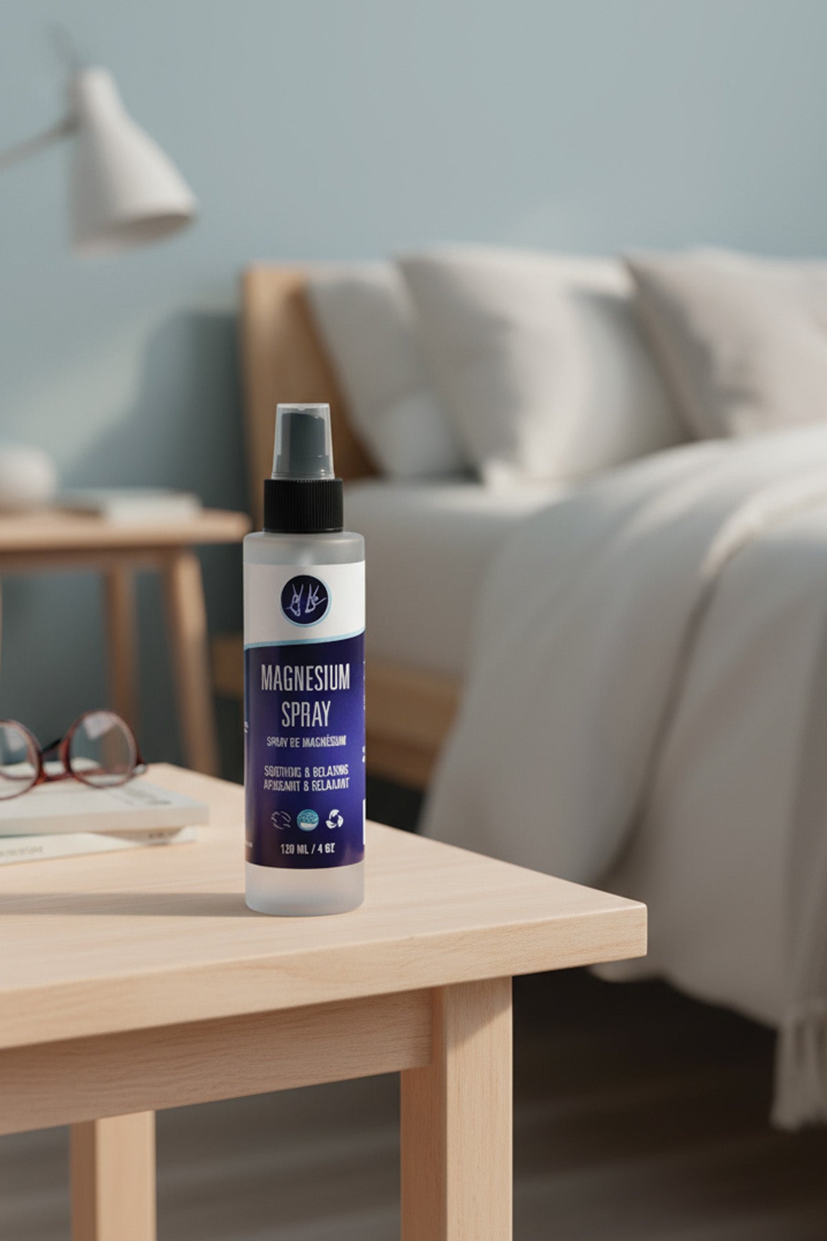 Bottle of magnesium spray on a wooden table with a blurred living room background