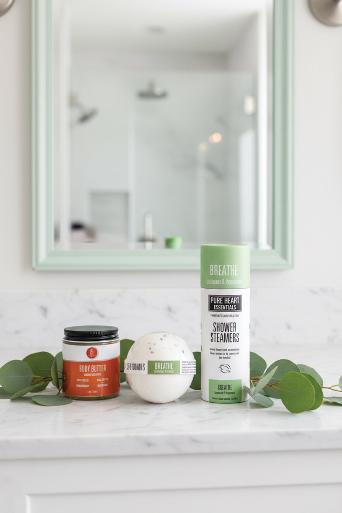 Bathroom counter with bath products including a bottle, jar, and ball, with a mirror in the background.