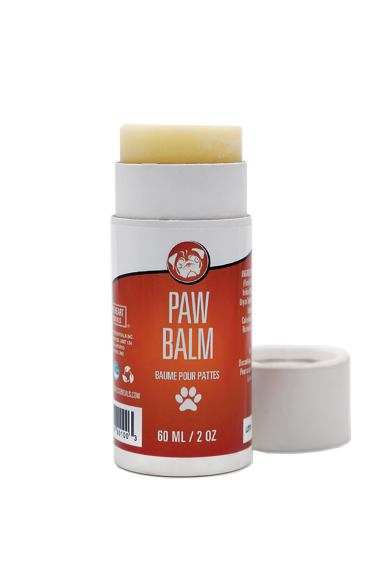 Dog paw balm stick with red label on a white background
