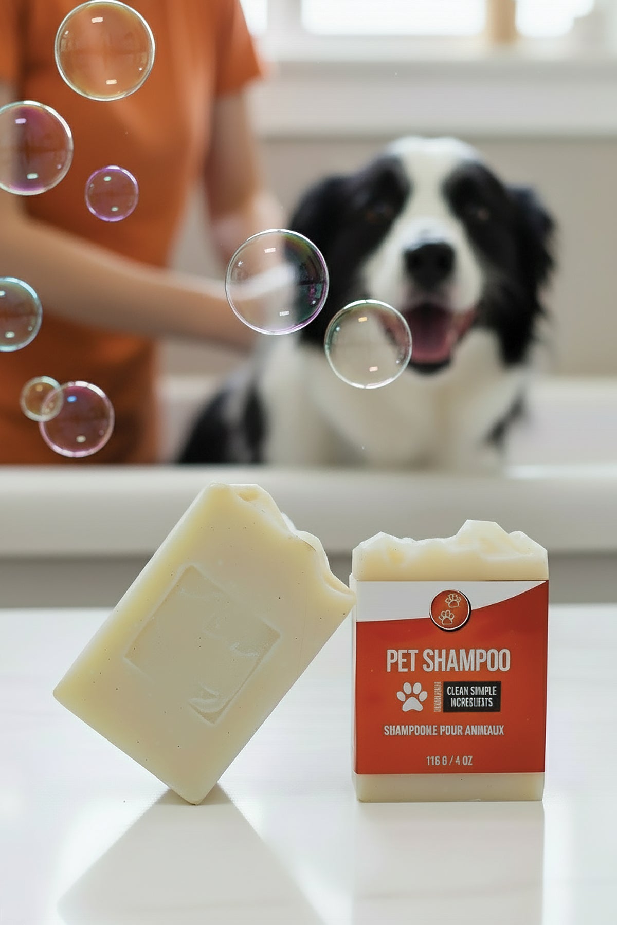 Pet shampoo bar with a dog in the background