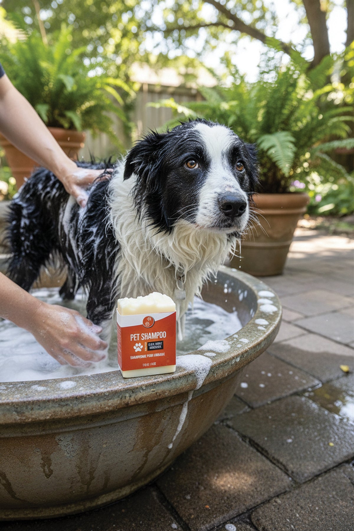 Dog being washed with a bar of pet shampoo in an outdoor setting