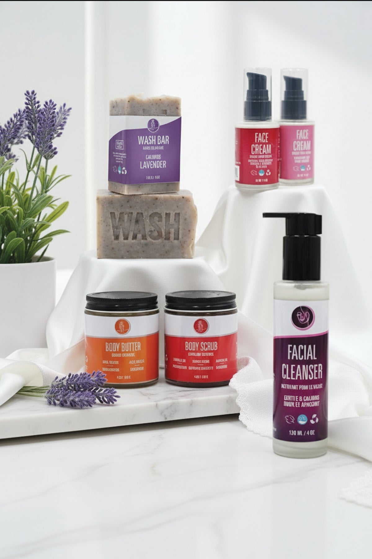 Assorted skincare and body care products on a marble surface with lavender flowers.