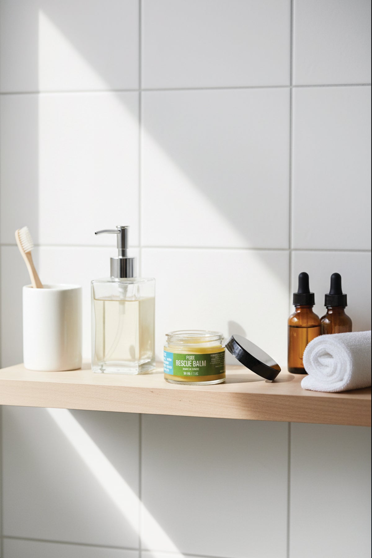 Bathroom shelf with skincare products against a tiled wall