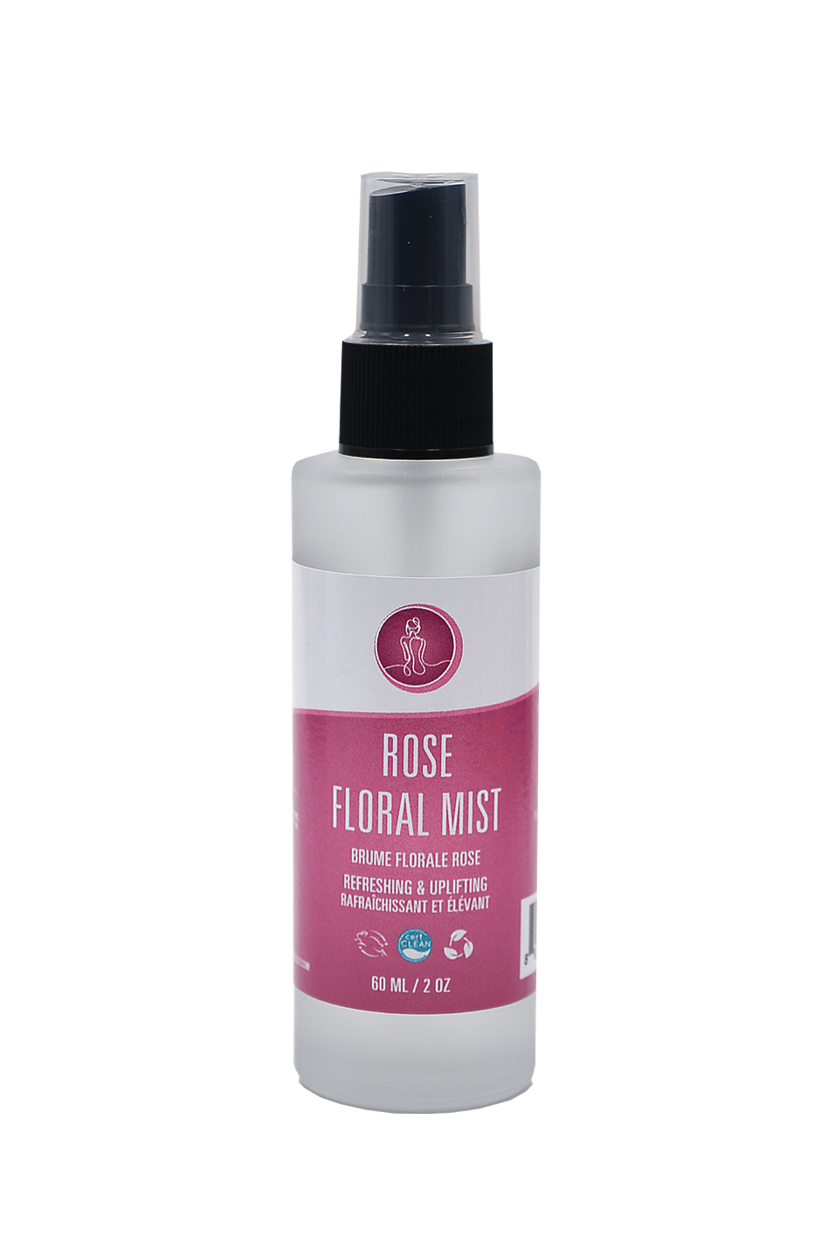 Rose floral mist spray bottle with pink label on a white background