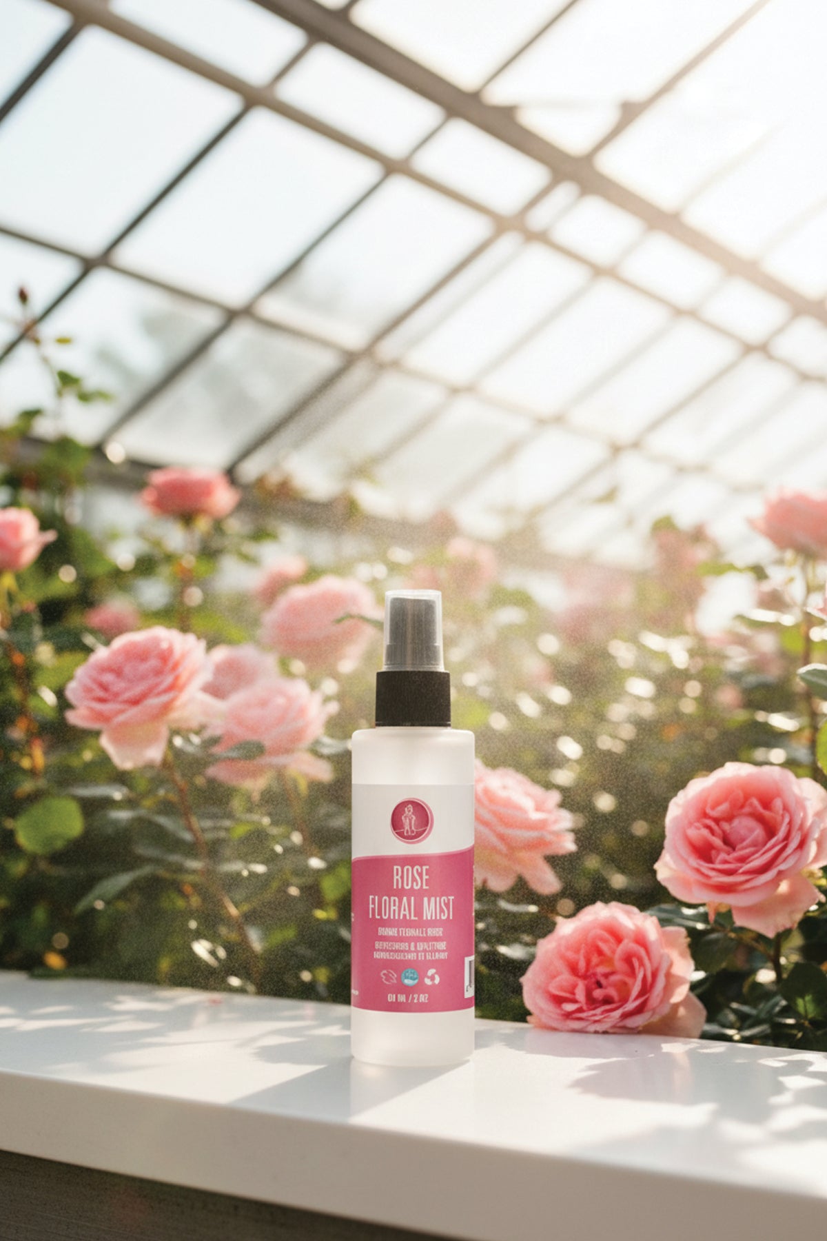 Rose floral mist spray bottle on a surface with pink flowers in the background