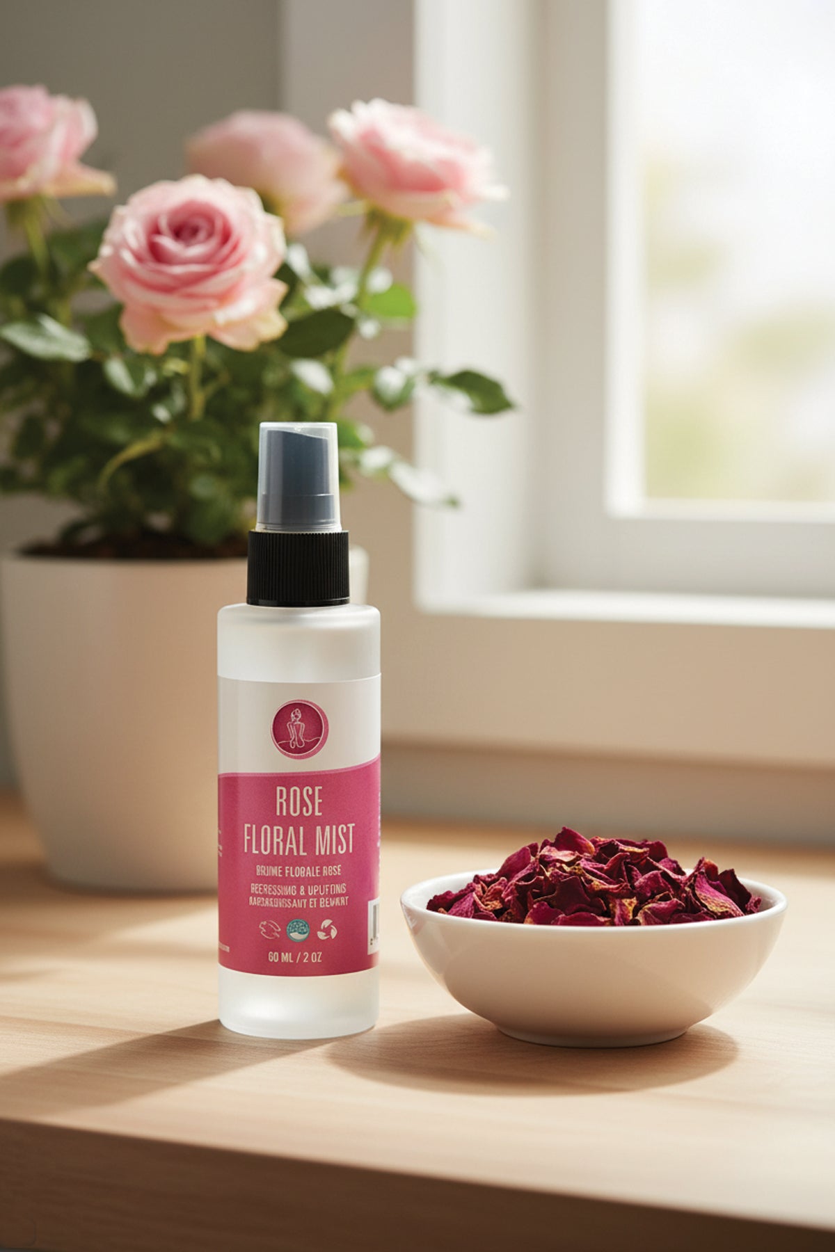 Rose floral mist bottle with dried roses on a wooden surface near pink flowers.