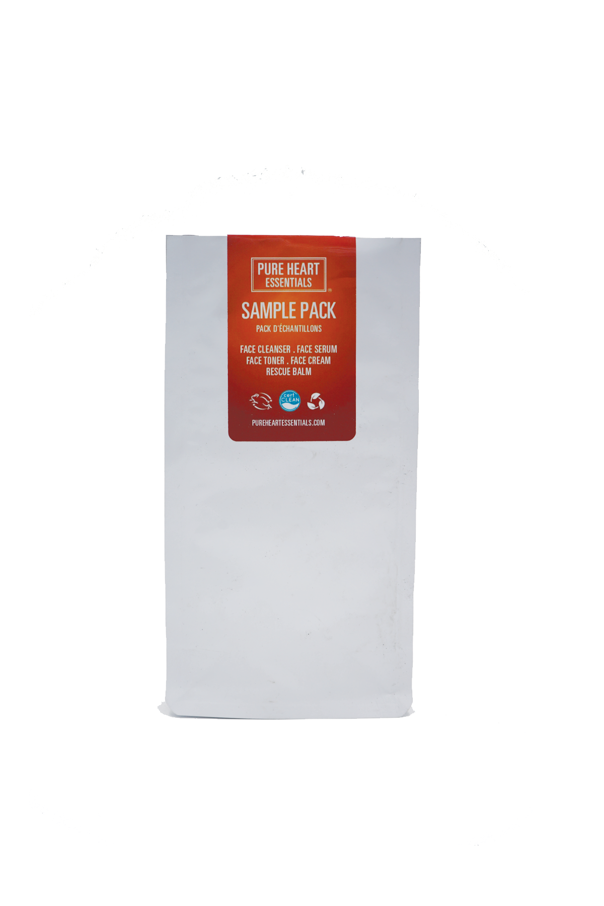 White sample pack with a red label on a white background