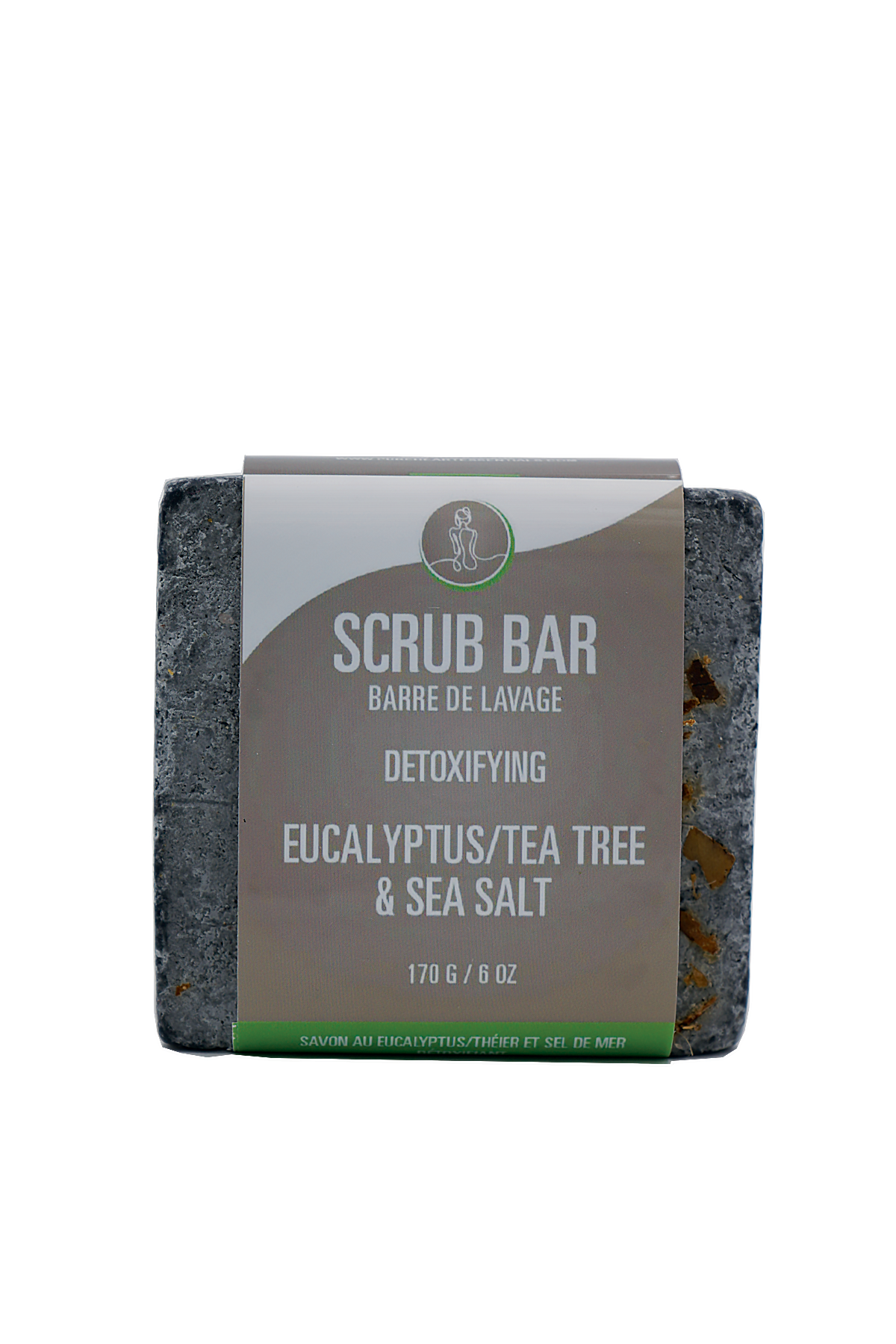Detoxifying scrub bar with eucalyptus, tea tree, and sea salt on a white background