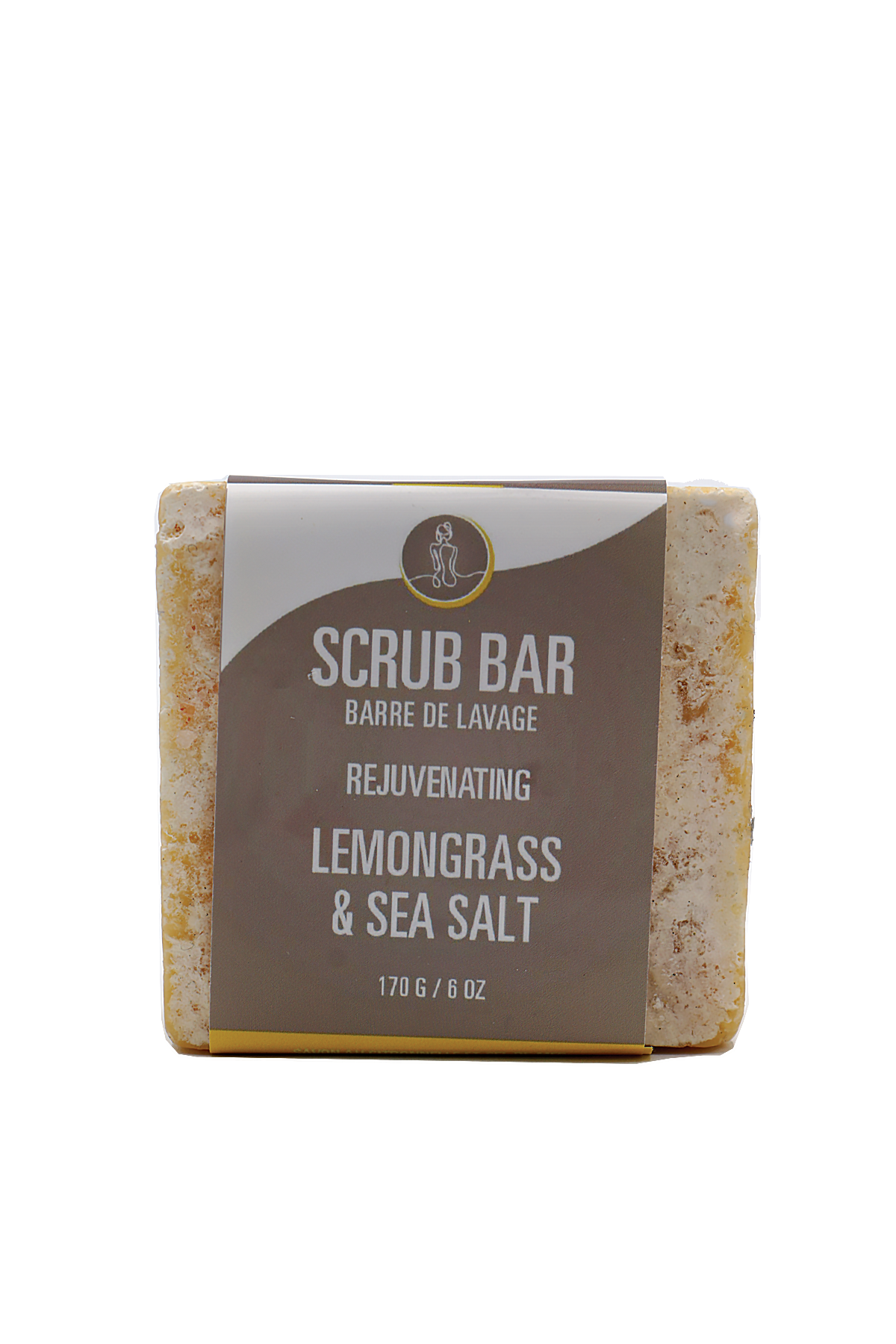 Scrub bar with brown packaging labeled 'Lemongrass & Sea Salt' on a white background