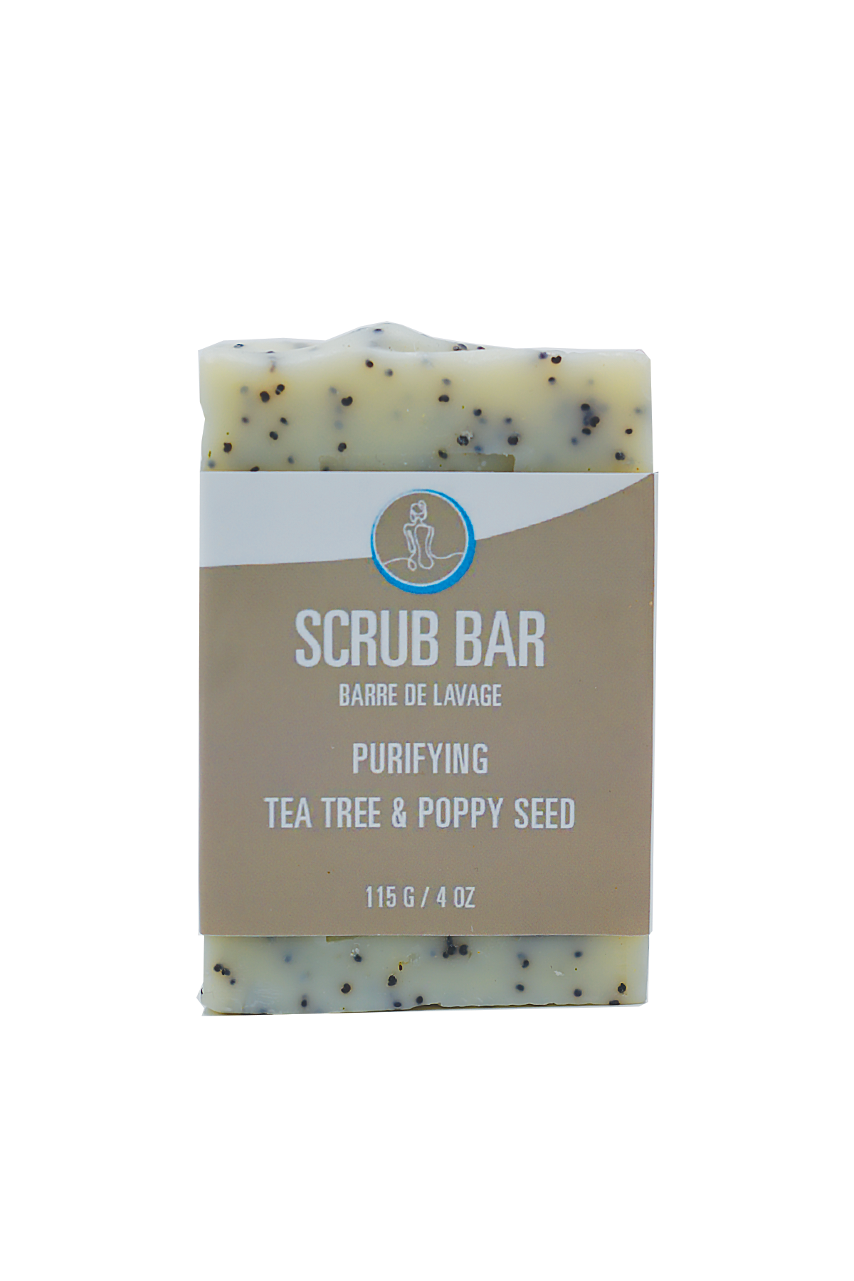 Scrub bar with packaging labeled 'Purifying Tea Tree & Poppy Seed' on a white background