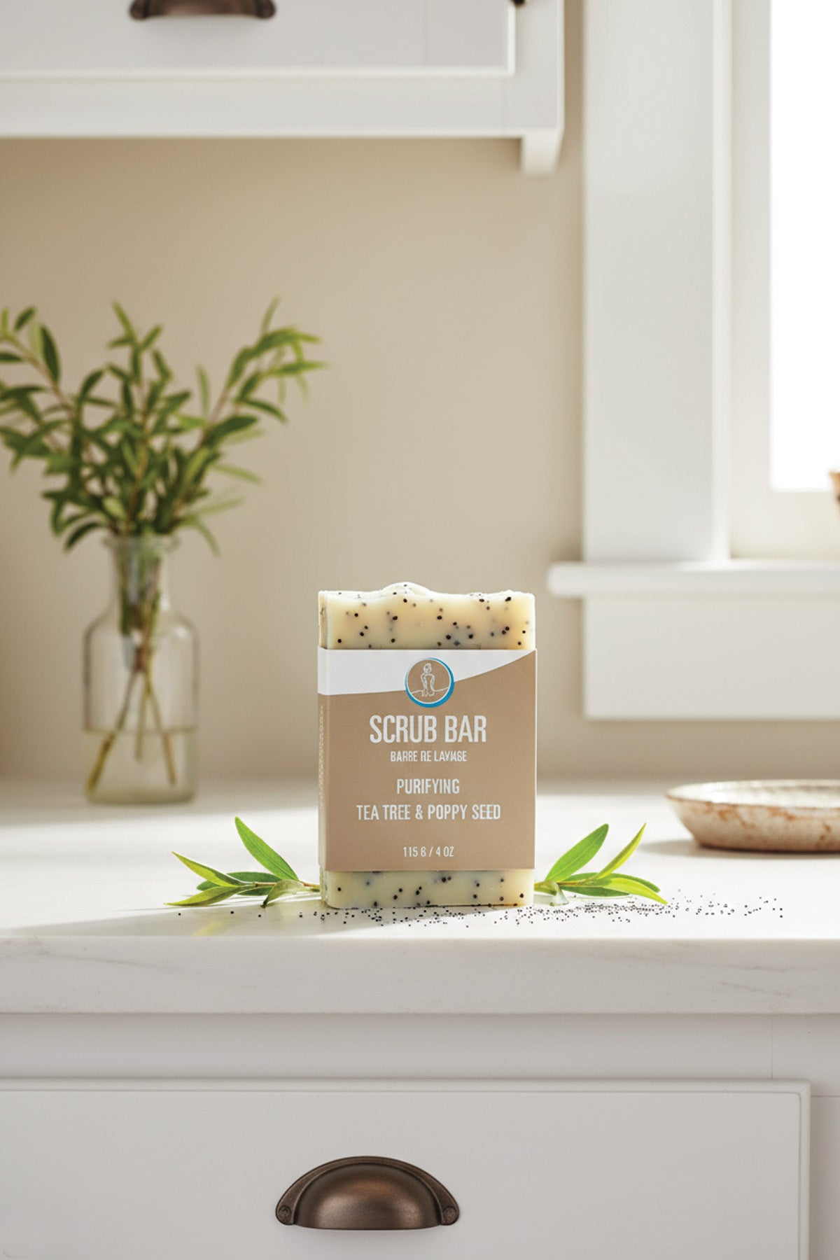 Scrub bar on a kitchen counter with a vase of plants in the background