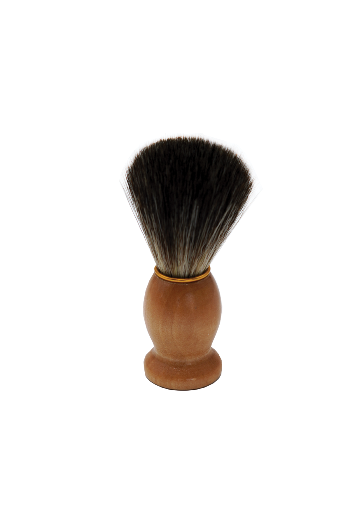 Shaving brush with black bristles and wooden handle on a white background