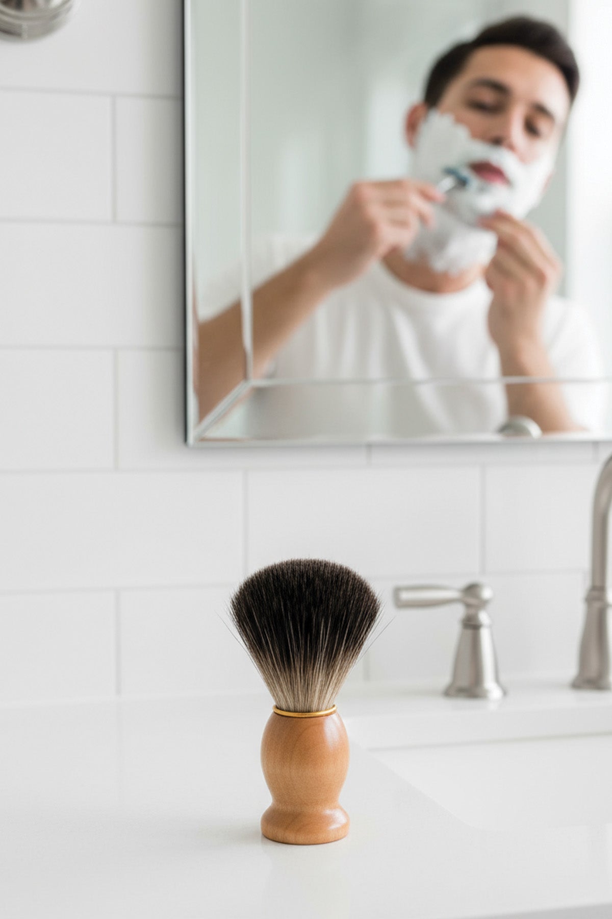 Man shaving with a brush in front of a mirror on a tiled bathroom wall.