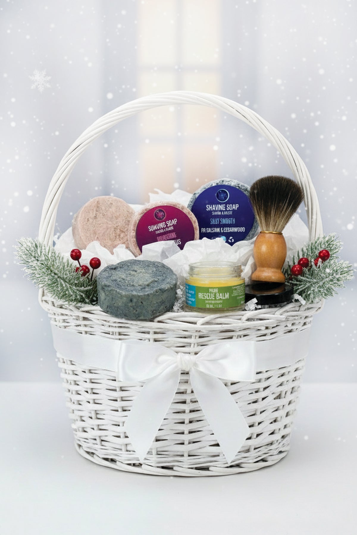 White gift basket with bath products on a light gray background