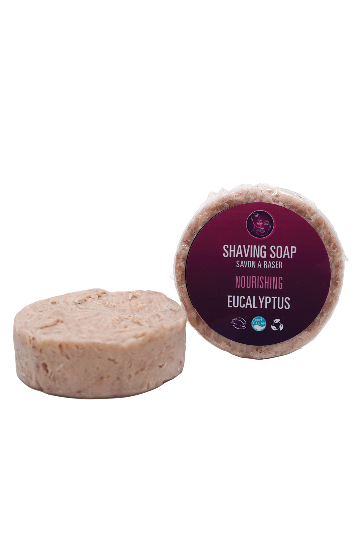 Shaving soap with a purple label on a white background