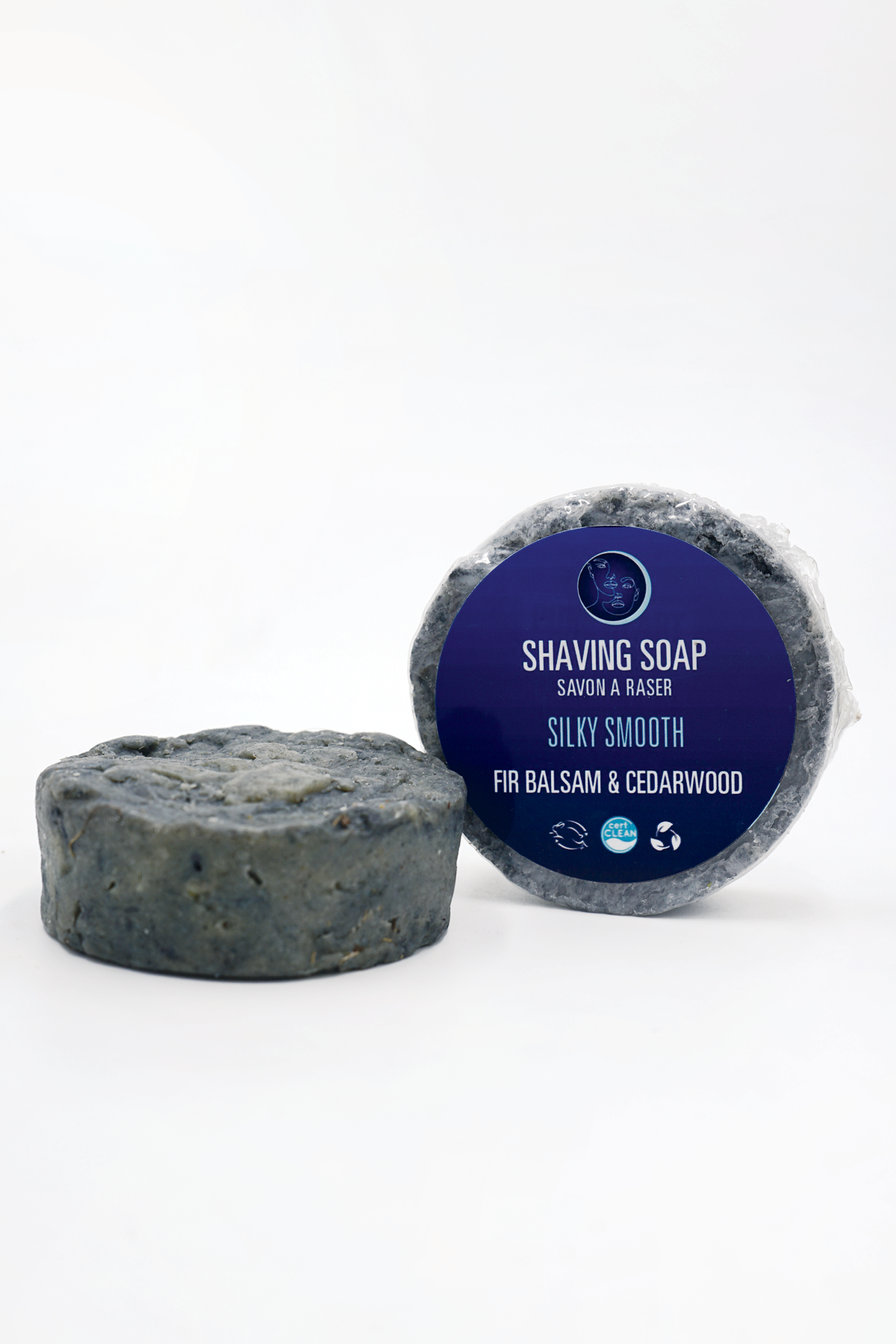 Shaving soap with a blue label on a white background