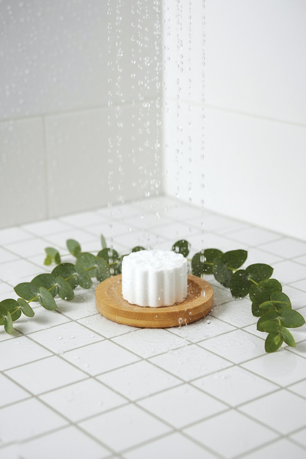 White shower steamer on a bamboo dish with green leaves on a tiled bathroom floor.