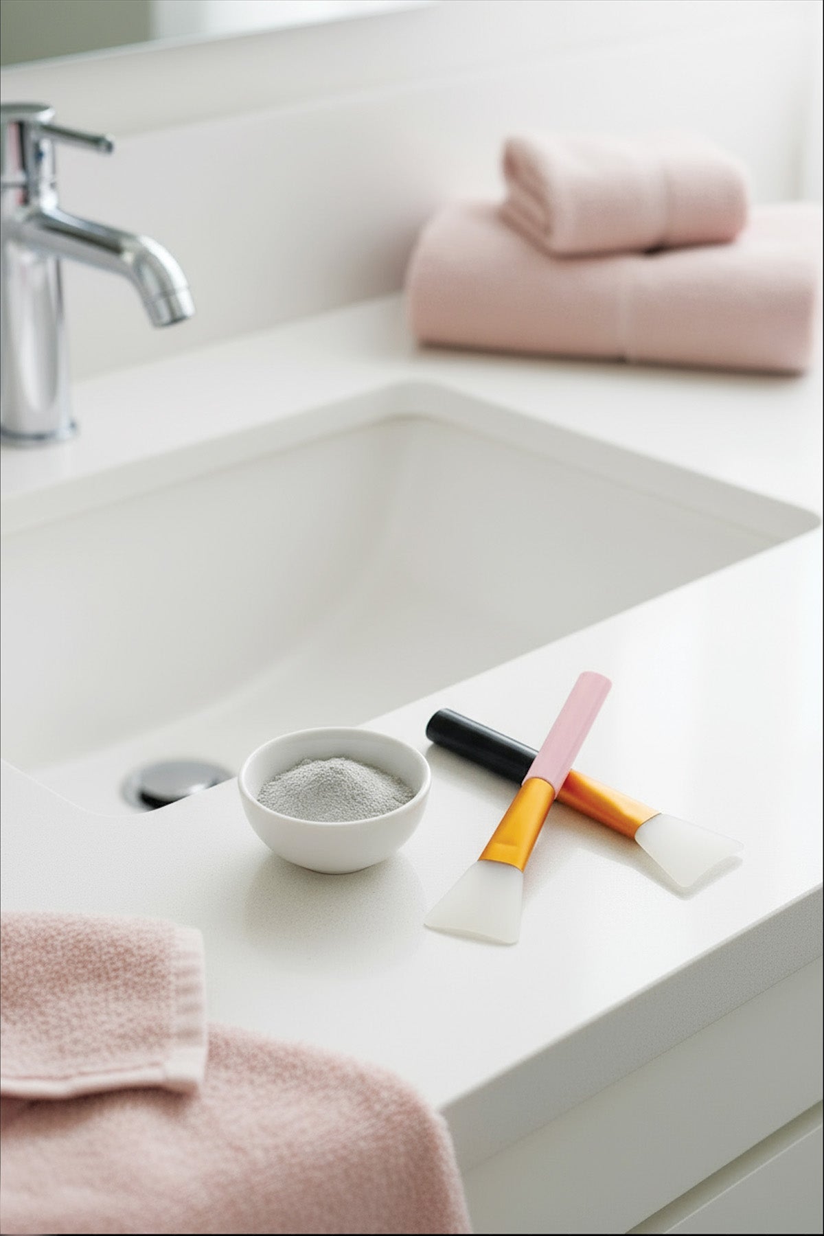Bathroom sink with pink towels, a bowl, and silicone brushes on a white countertop.